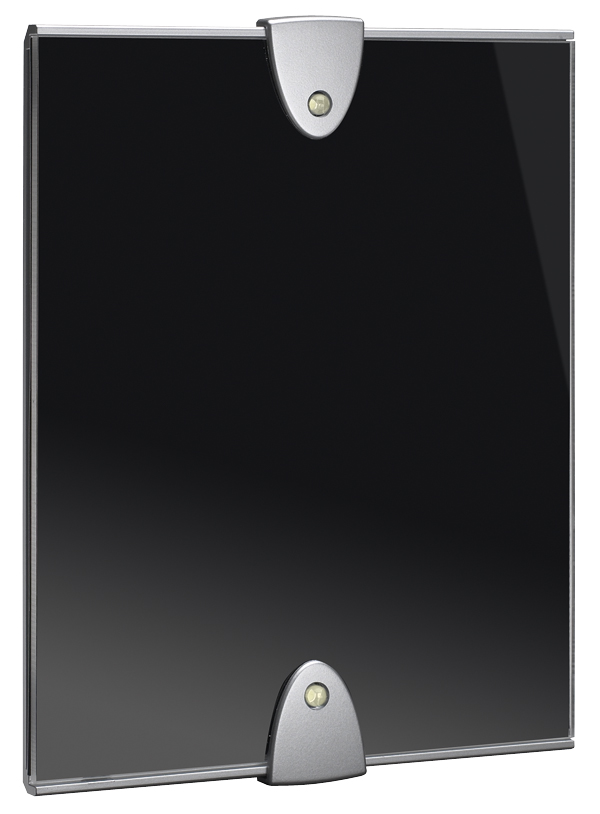 Funkgong mit schwarzer Acrylfront, silbernen Halteclips, leicht schräge Frontalansicht.