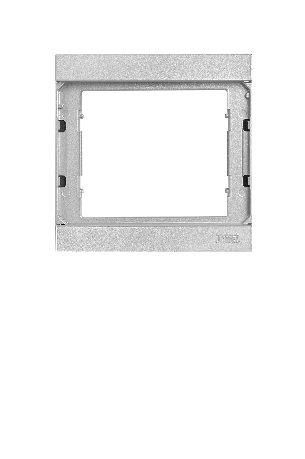 Silberner Rahmen für eine Moduleinheit, rechteckige Form mit Befestigungsaufnahmen und Urmet-Logo unten rechts.