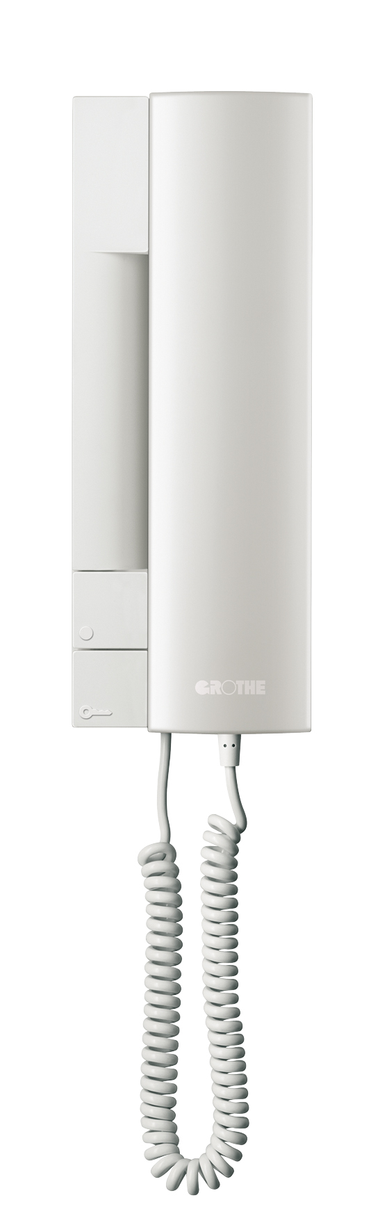 Weißes Haustelefon mit Hörer, zwei Tasten und Spiralkabel, frontal abgebildet.