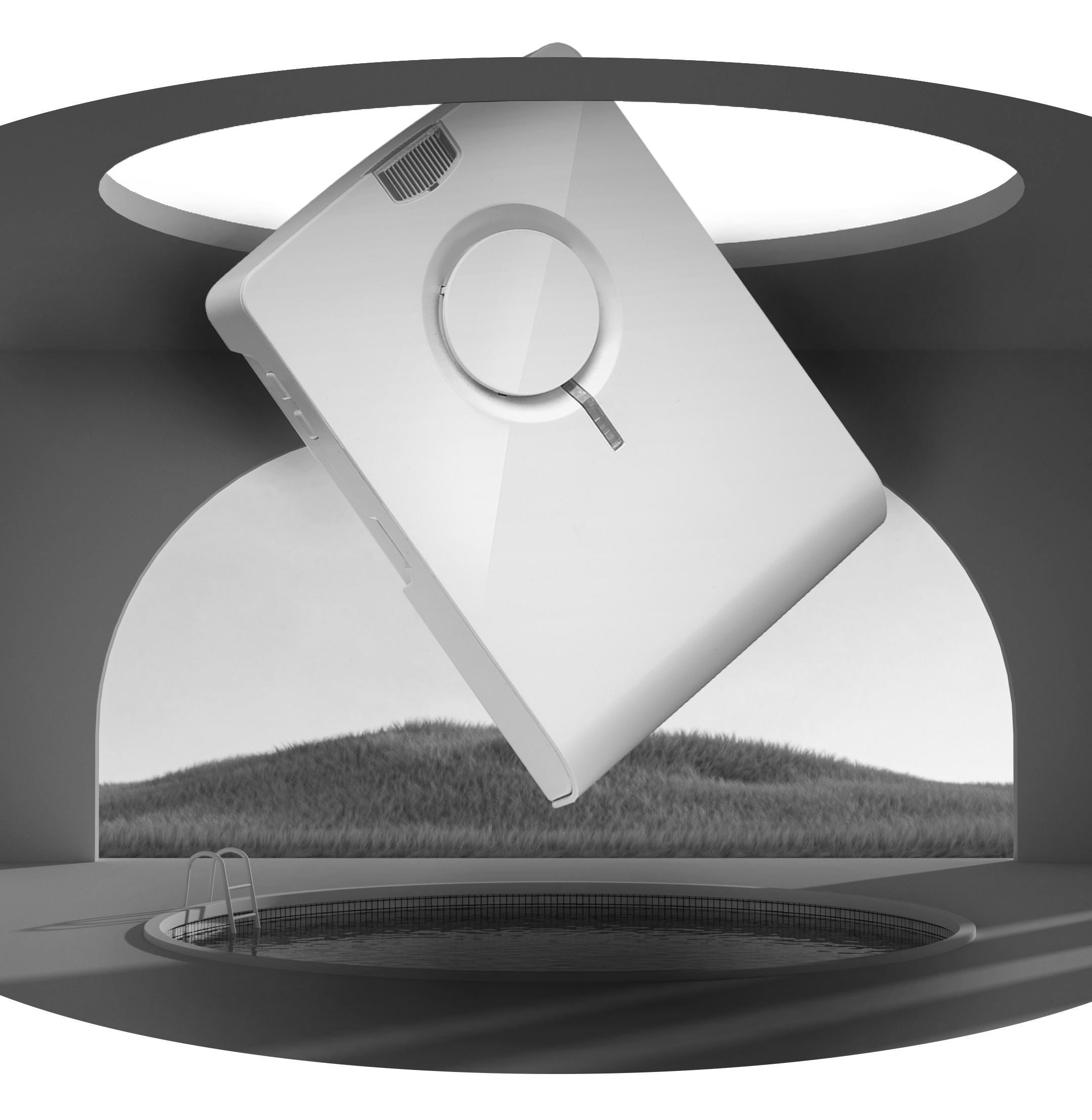 Der weiße ECHO-Gong in einem animierten Schwarz-Weiß-Setting. Der Gong schwebt gekippt über dem Boden in einem halboffenen Raum mit runden Aussparungen. Unter dem Gong befindet sich ein rundes, schwarzes Wasserbecken. Dahinter liegt eine hügelige Landscha