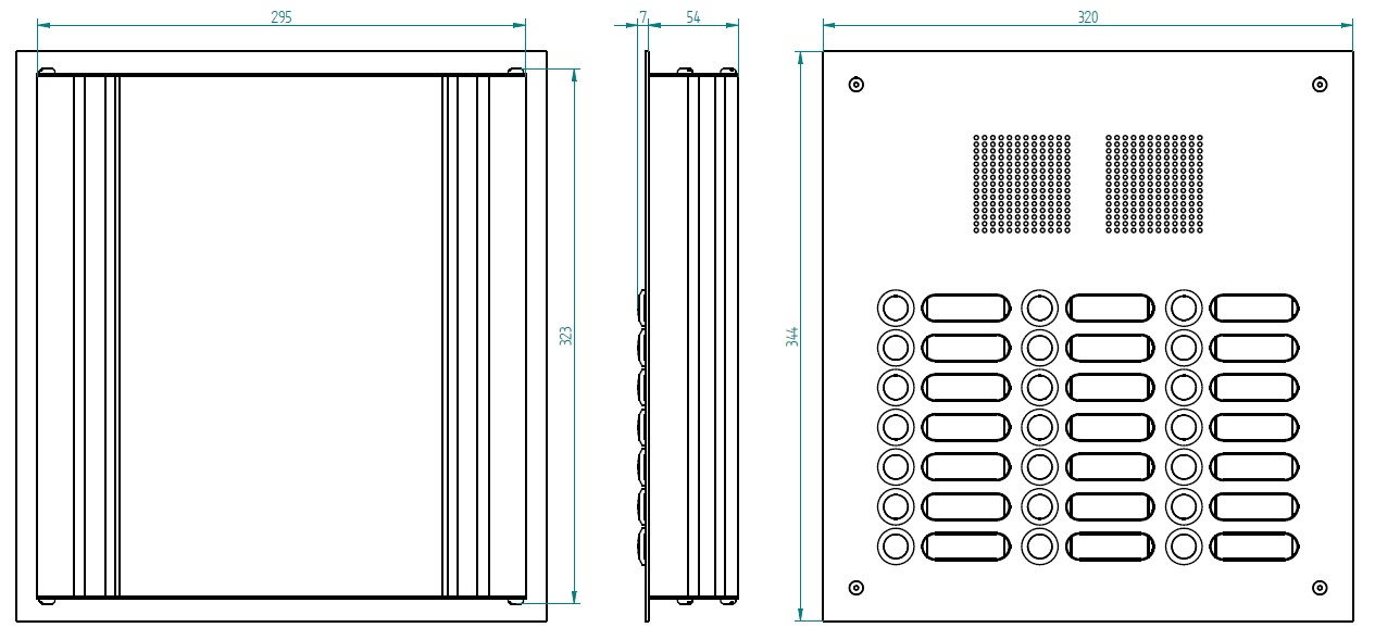 ROBUSTA Aluminium-Türstation mit Namensschildern und Klingelknöpfen in drei Reihen; darüber ist das Lautsprechergitter zu sehen