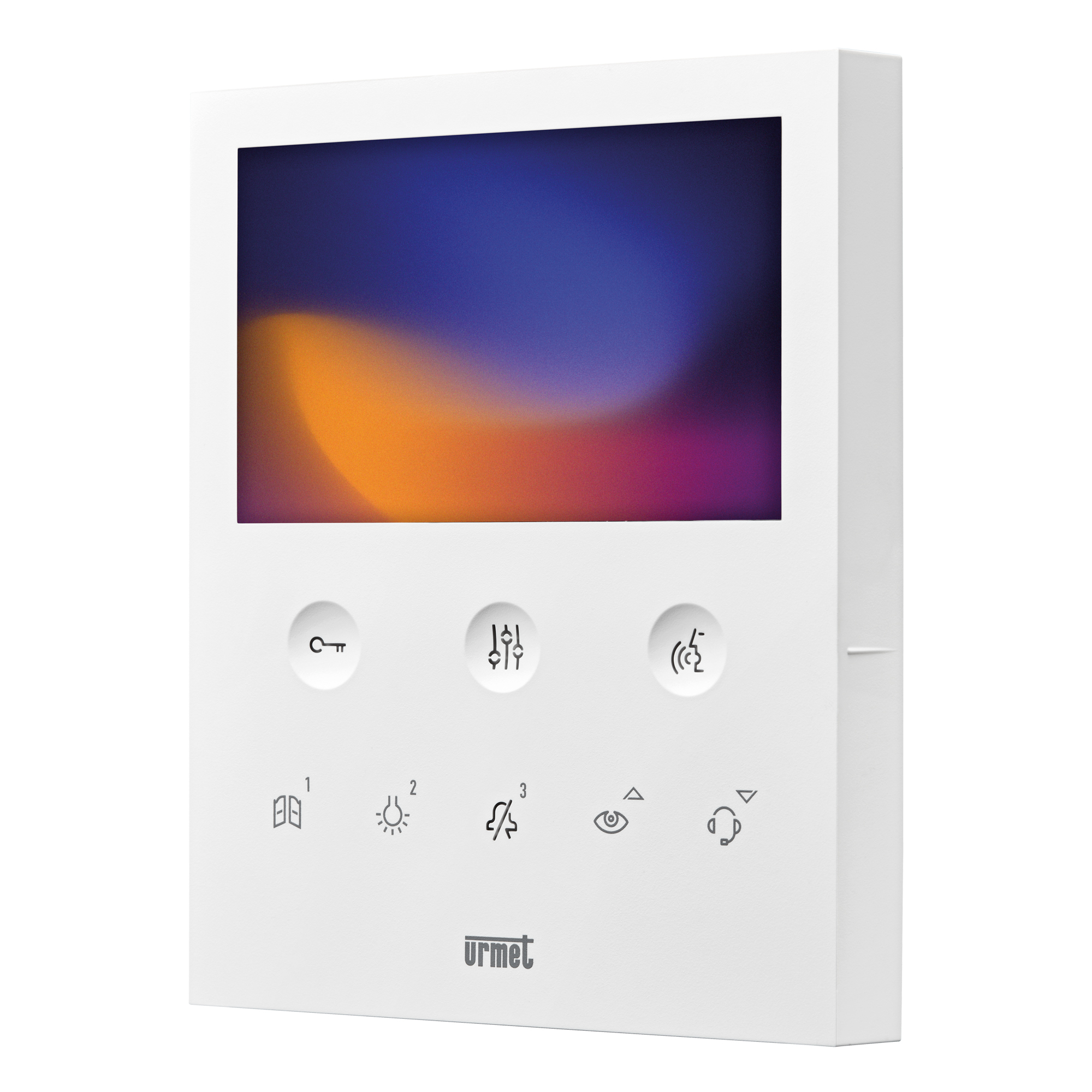 Weißer Videomonitor mit Farbdisplay, drei runden Tasten, acht Symbolen zur Bedienung und Urmet-Logo, frontale Draufsicht.