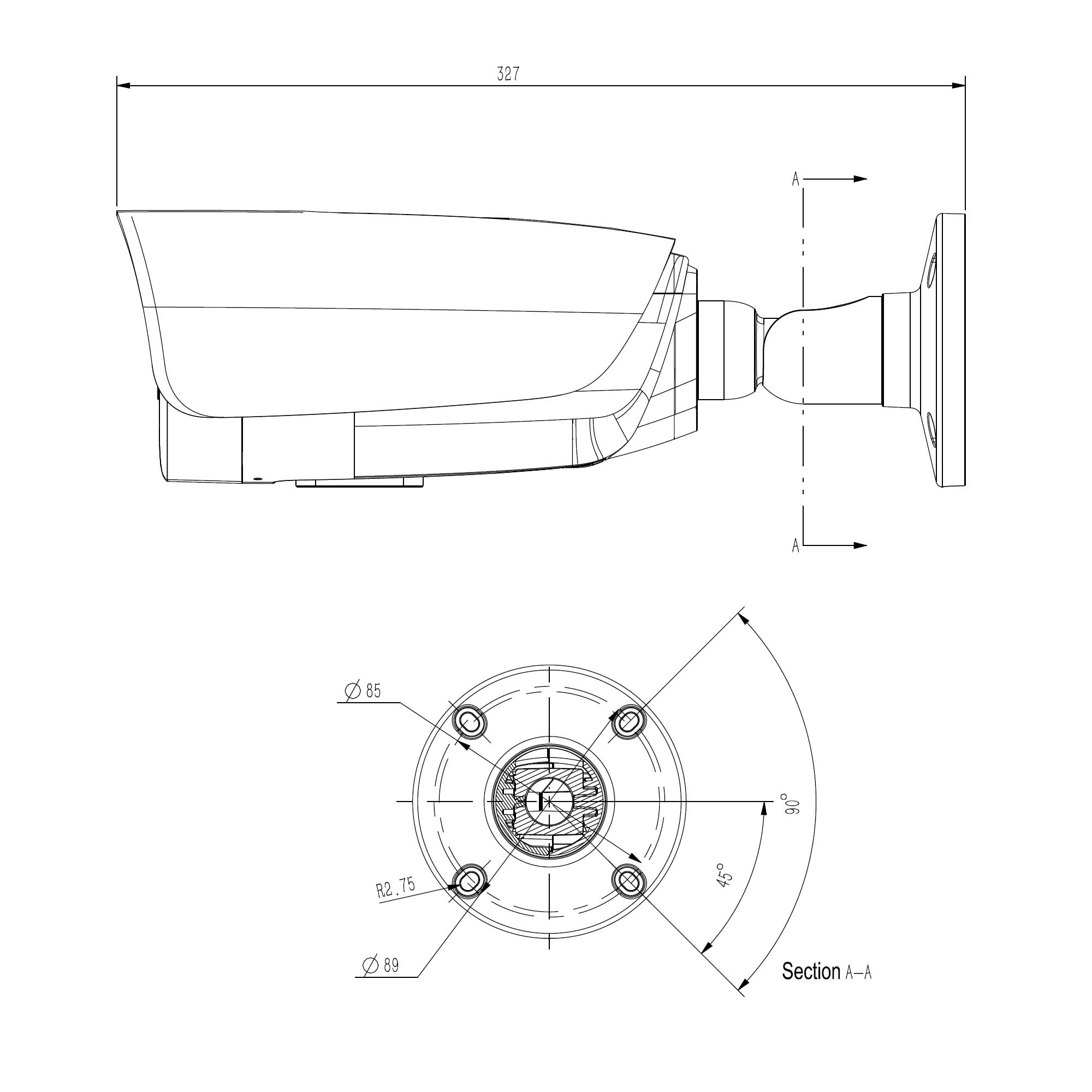Bullet-Kamera mit schwarzer Front, zwei Linsen und Wandhalterung, schräg von links fotografiert
