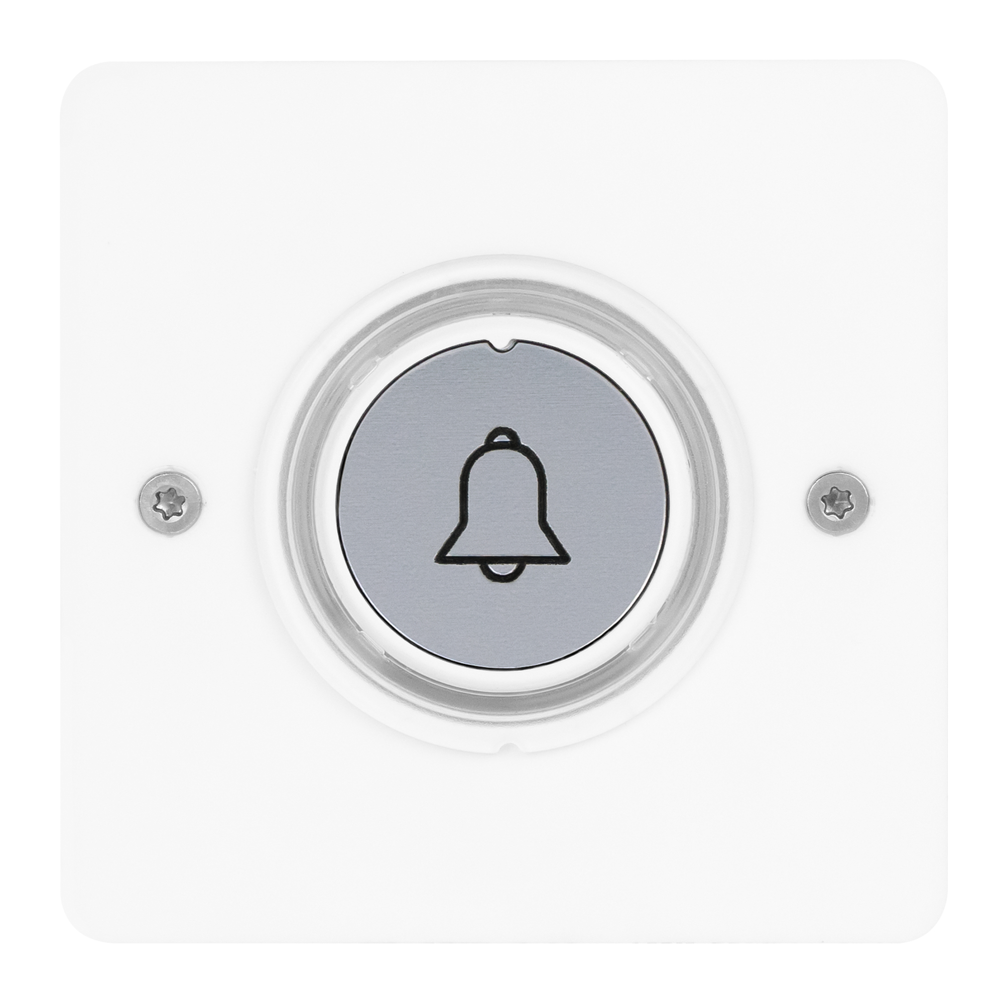 Eckiger Aufputz-Funksender mit silberner Glockentaste, weißer Abdeckung und zwei sichtbaren Schrauben, Frontalansicht.