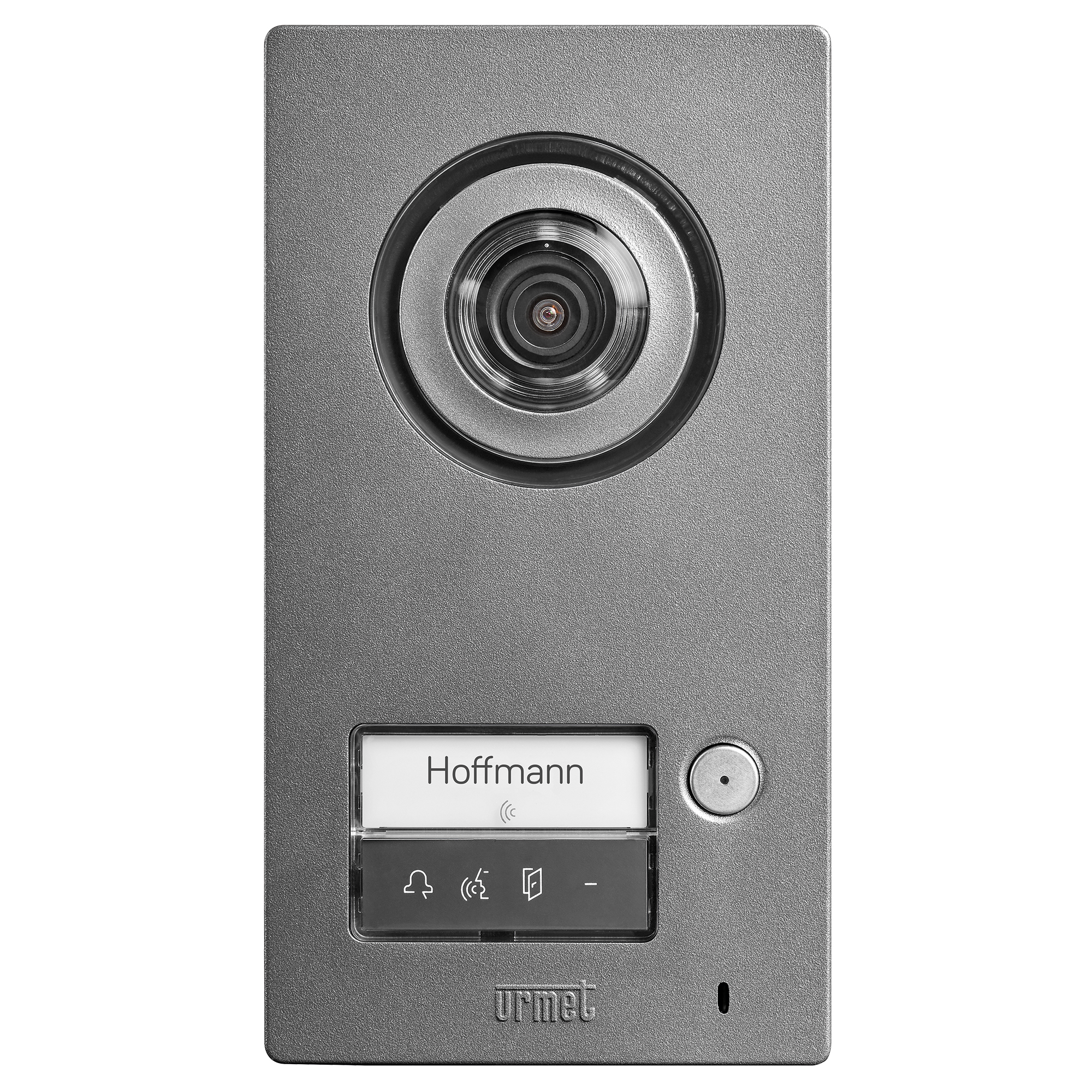 Graue Urmet Türstation mit großer Kamera, Namensschild „Hoffmann“, Klingeltaste, Symboltasten und kleinem Urmet-Logo.