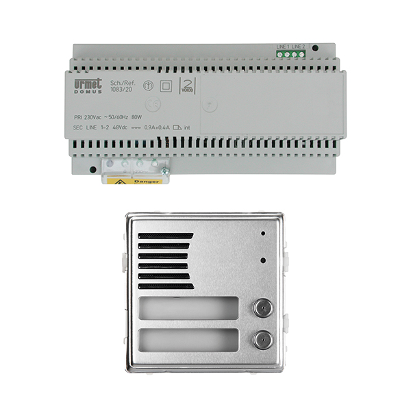 Basis Set mit Netzgerät und Türlautsprecher in Edelstahl-Optik mit Lautsprecherschlitzen und zwei Klingeltastern.