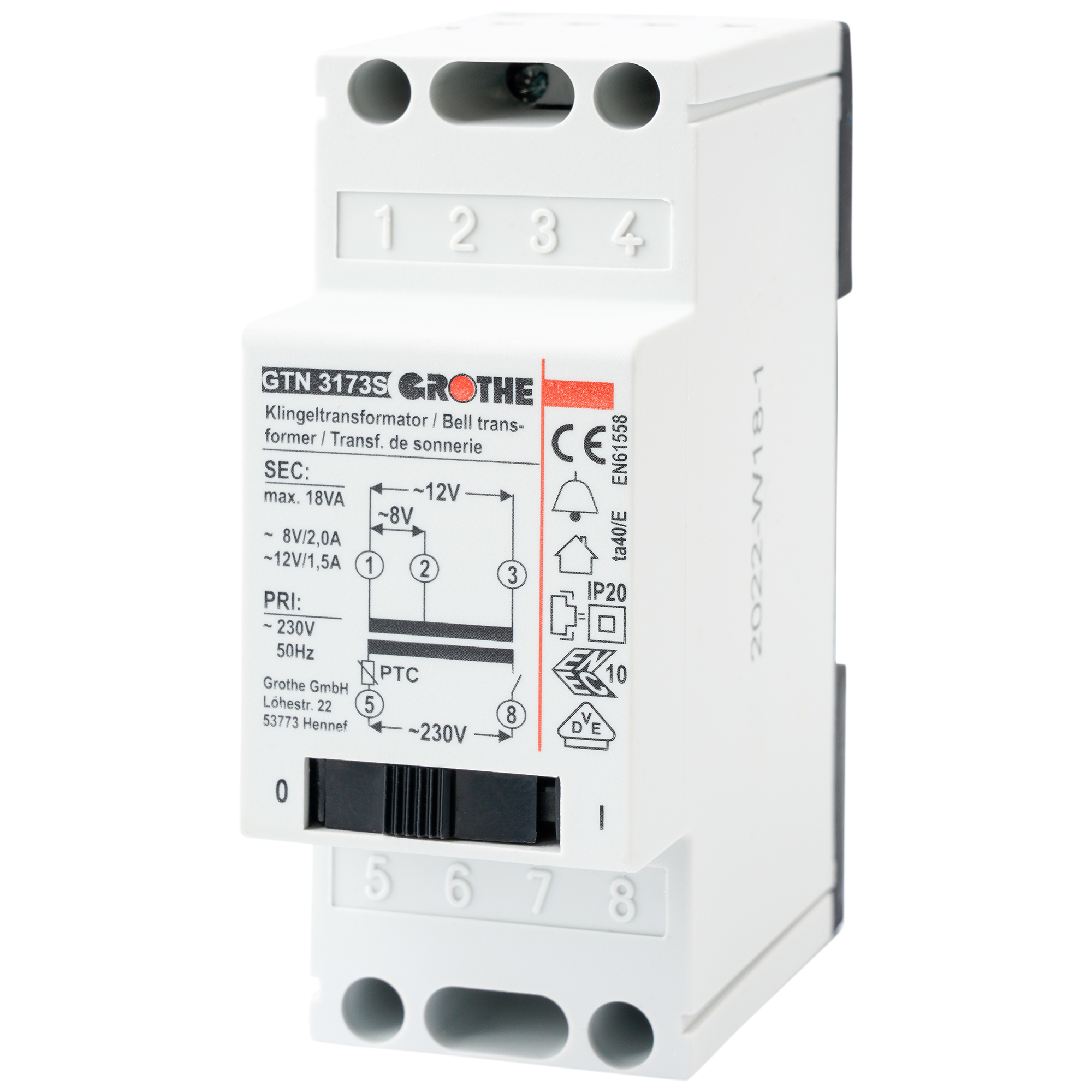 Sicherheitstransformator GTN 3173 S von Grothe im Hutschienengehäuse mit Anschlussklemmen und Schaltbild in Schrägansicht