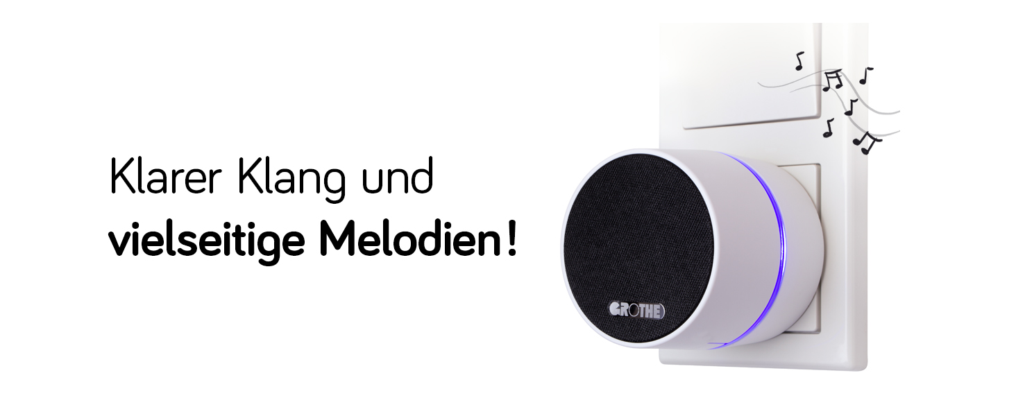 Der Steckdosen-Funkgong steckt in einer Steckdose; daneben steht "Klarer Klang und vielseitige Melodien!"