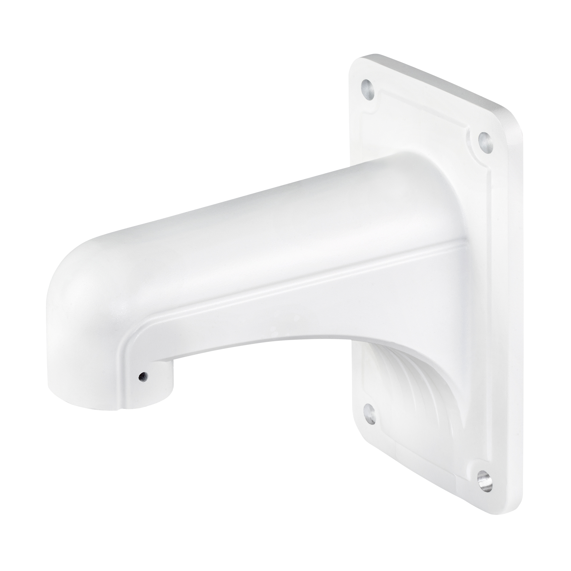 Weißer Wandhalter mit gebogenem Arm und rechteckiger Montageplatte, seitlich fotografiert