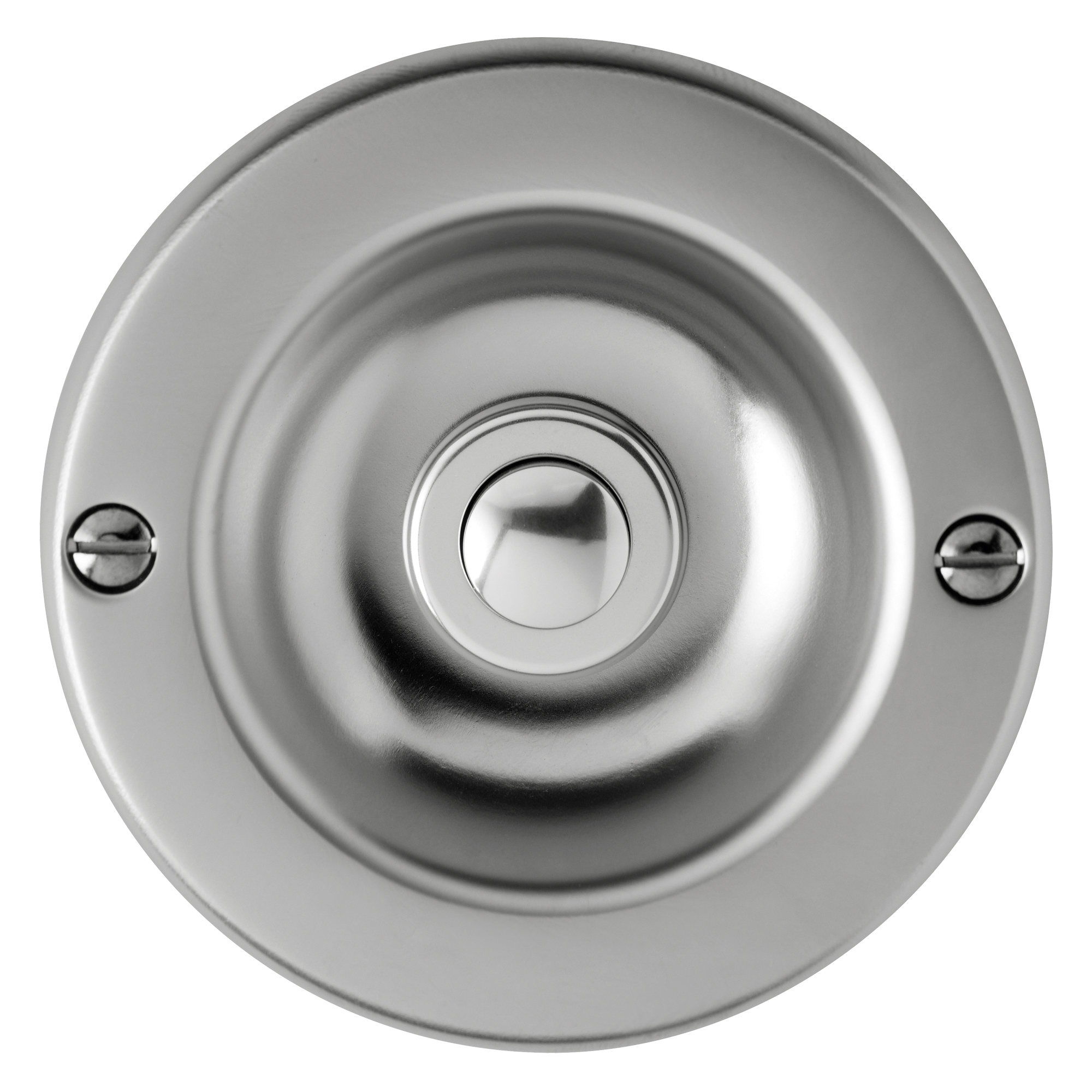 Runde Kontaktschale, matt chrom lackiert, mit zentralem Taster und zwei Schrauben, frontale Ansicht.