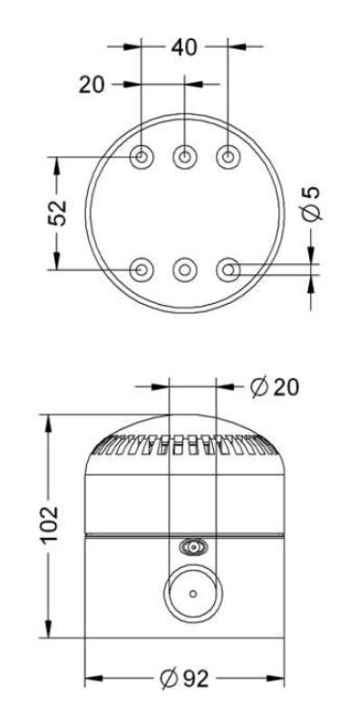 Weiße elektronische Sirene mit Öffnungsschlitzen am oberen Gehäuse und runder ausschneidbarer M20-Verschraubung vorne