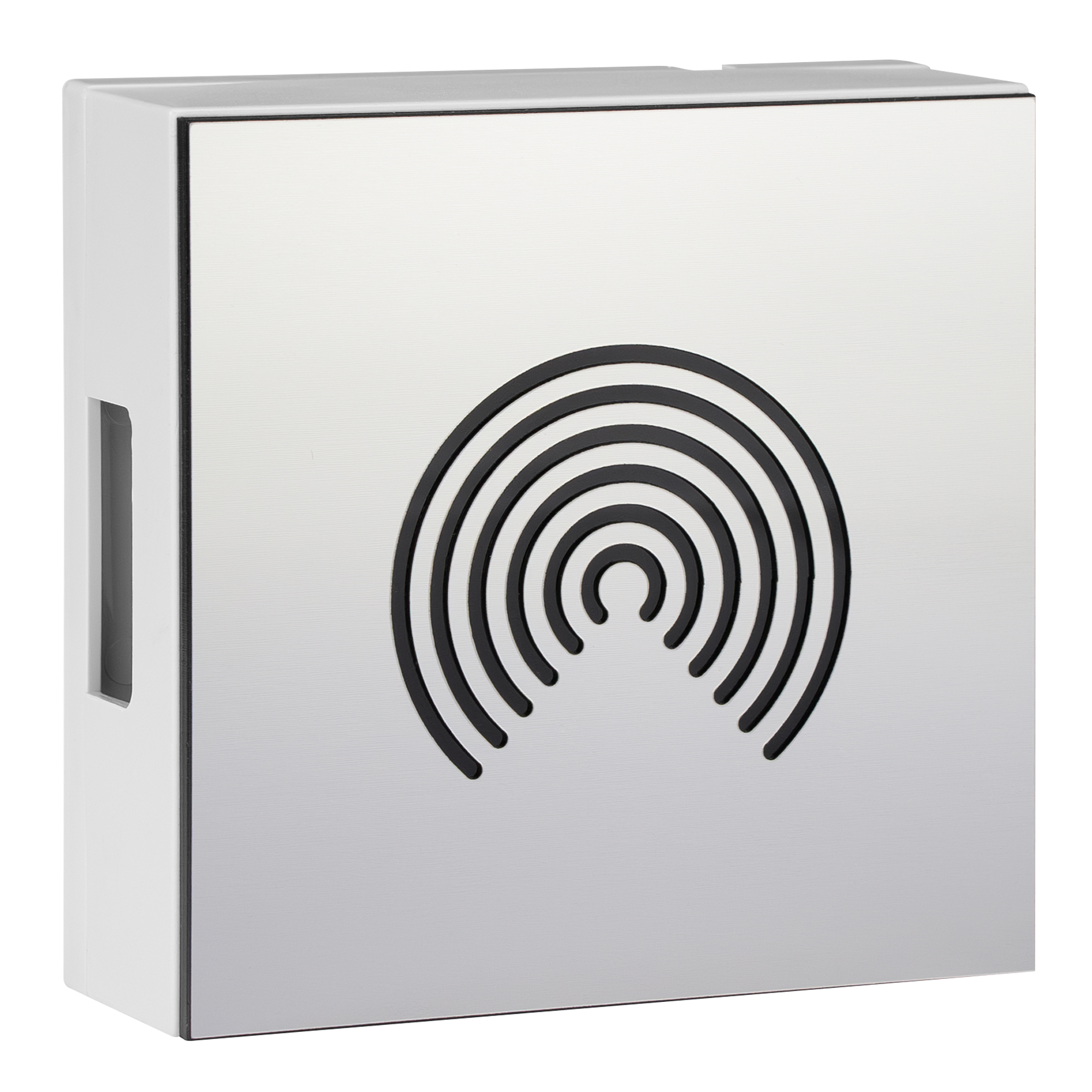 Zweiklang-Gong mit silberner Front, zentralem schwarzen Kreismuster aus konzentrischen Linien und seitlicher Öffnung links.