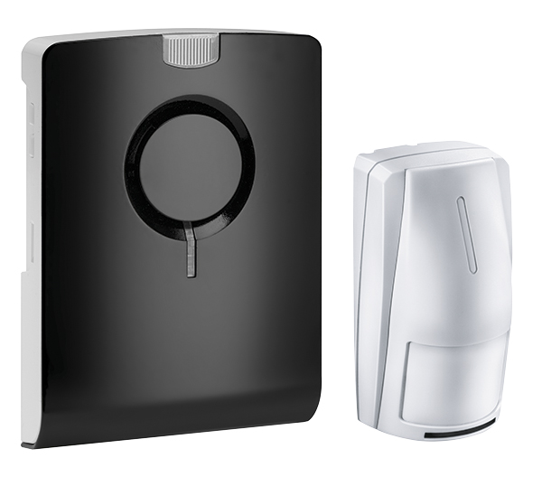 Funkgong mit schwarzer Front und ringförmiger Lautsprecheröffnung, daneben weißer Bewegungsmelder, leicht schräge Frontalansicht.