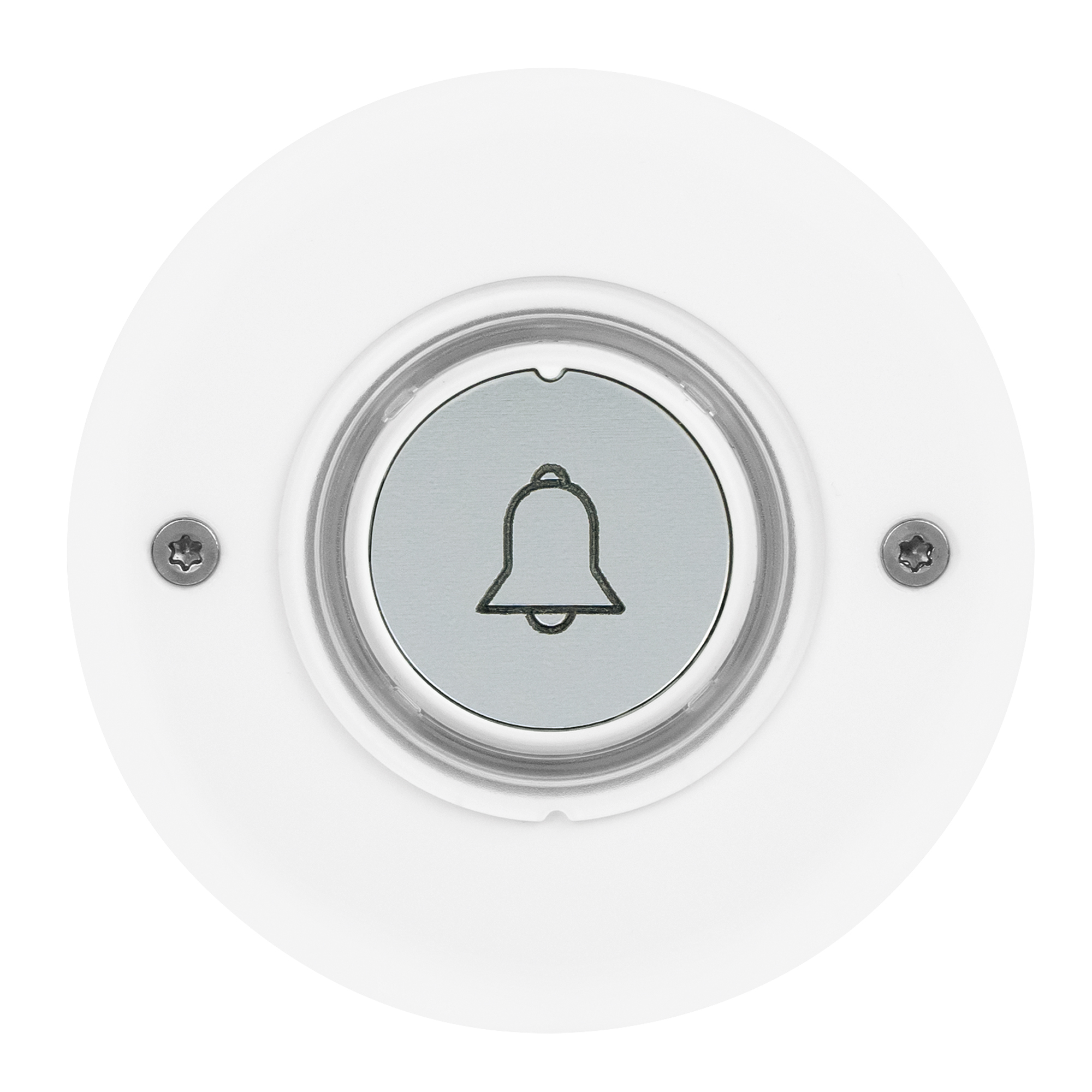 Runder Aufputz-Funksender mit silberner Glockentaste, weißer Abdeckung und zwei sichtbaren Schrauben, Frontalansicht.