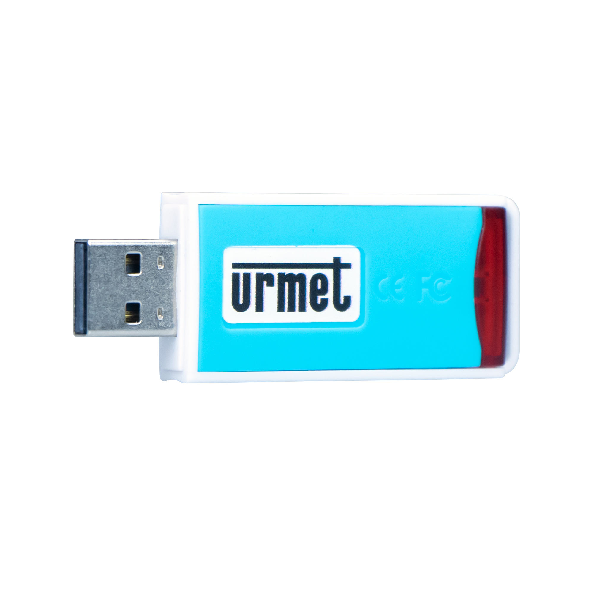 USB-Stick mit blauem Gehäuse, roter Kappe und Urmet-Logo, Ansicht von oben mit sichtbarem Stecker und CE-/FCC-Kennzeichnung.