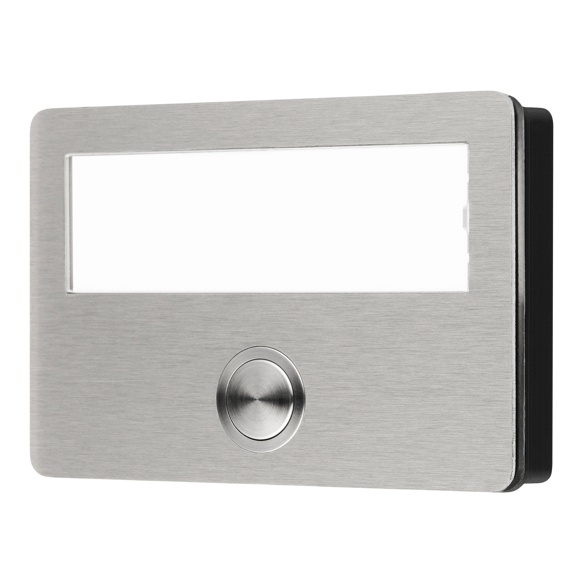 Etagenplatte aus gebürstetem Edelstahl mit großem Namensschild und rundem Klingeltaster unten.