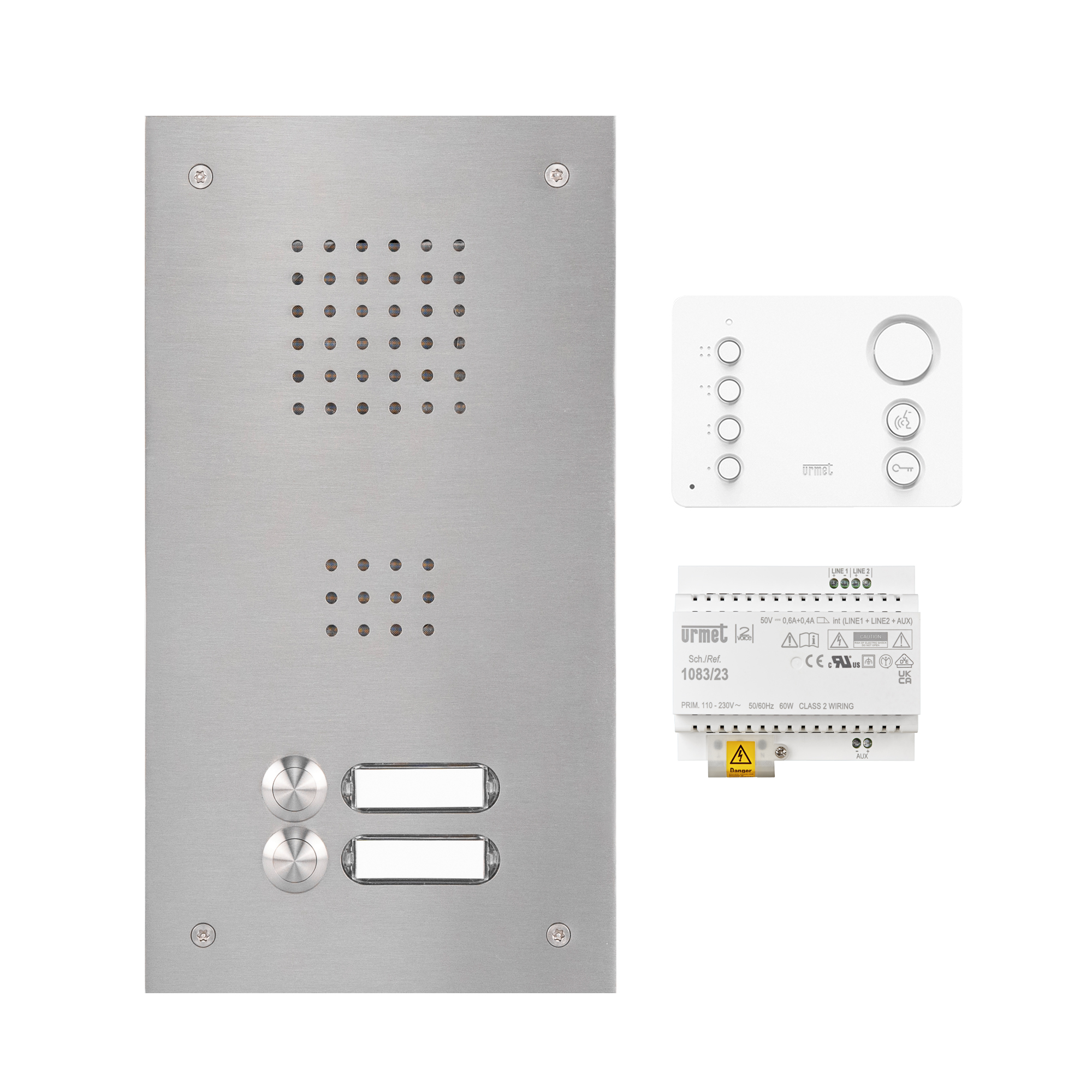 Rechteckige Audio-Türstation aus Edelstahl mit zwei Klingelknöpfen und Namensschildern sowie Lautsprecher-Löchern; daneben sind der weiße Freisprechmonitor mit mehreren Knöpfen sowie ein Netzgerät abgebildet