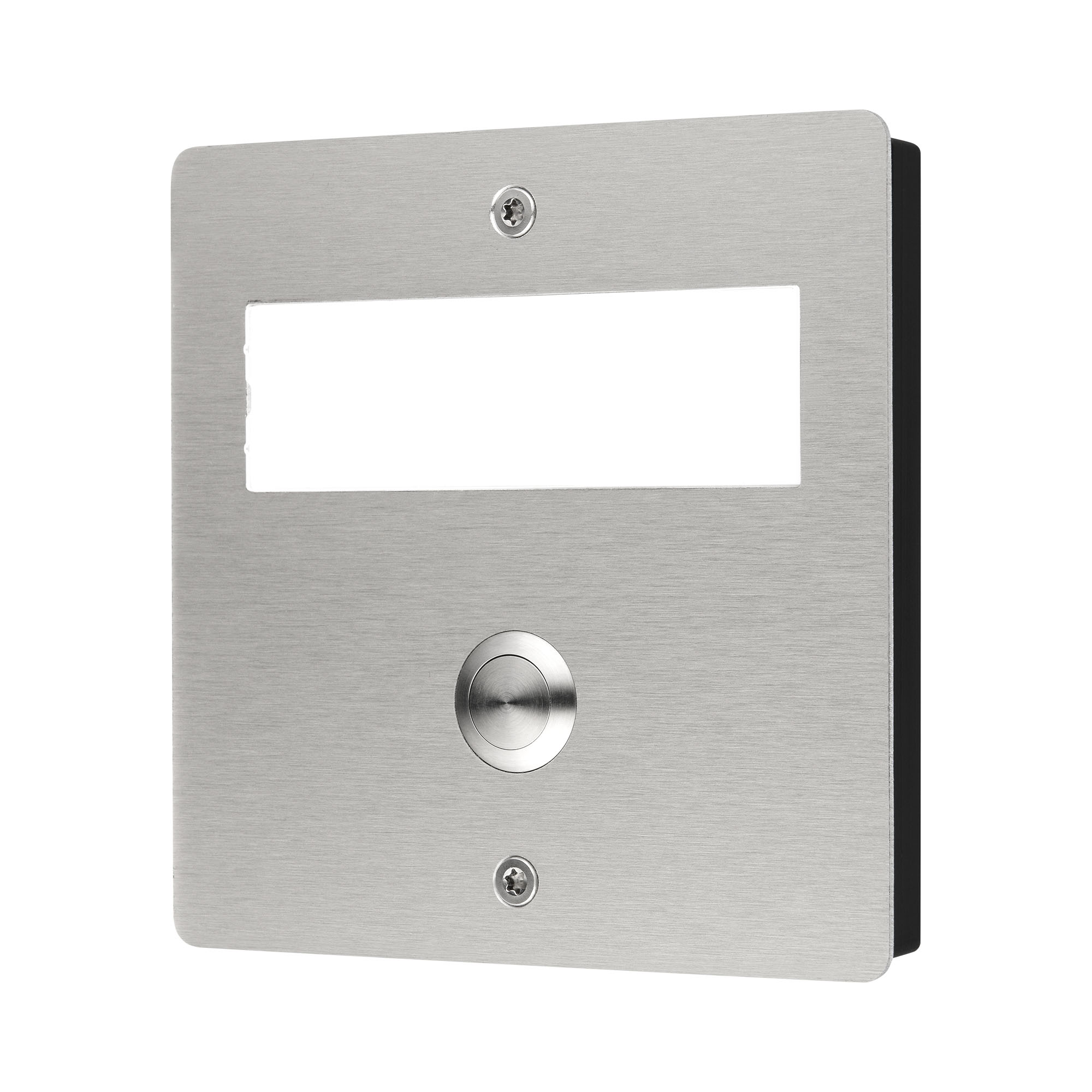 Quadratische Funk-Klingelplatte mit gebürsteter Edelstahlfront, Namensfeld und runder Edelstahltaste, Frontalansicht.