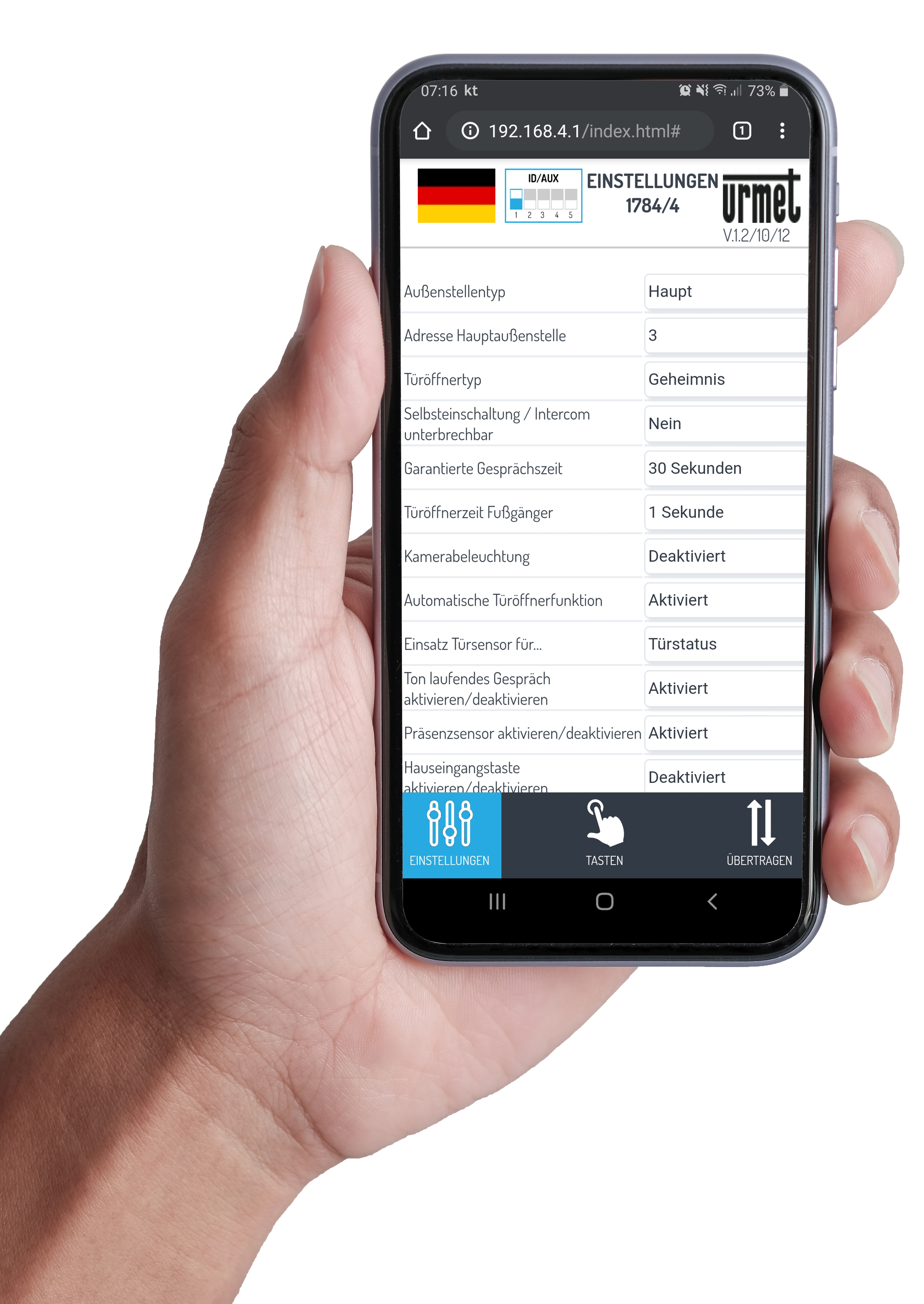 Smartphone-Display mit geöffneter App zur Programmierung der MIKRA-Türstation