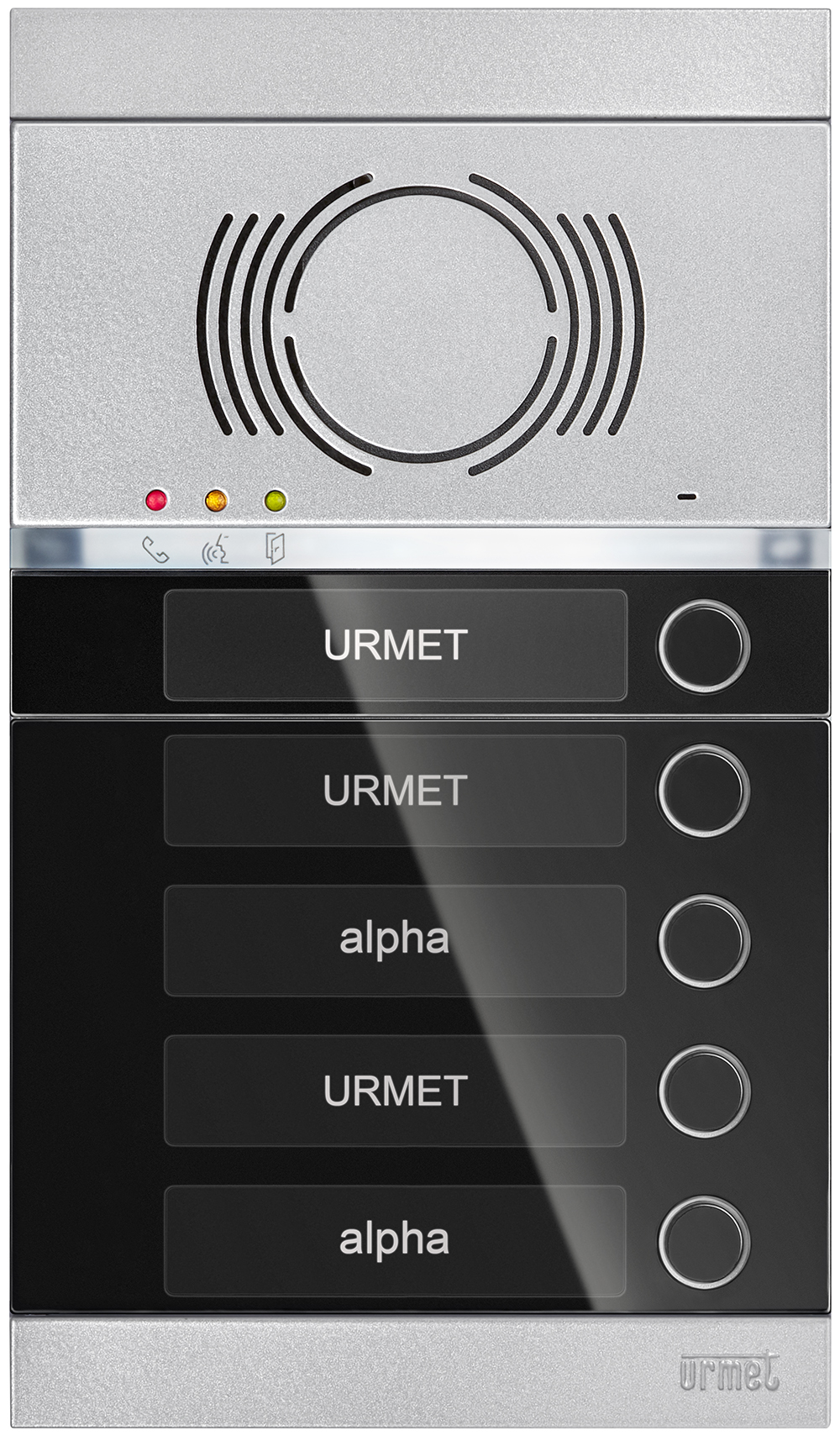 ALPHA-Türstation mit Lautsprecher und darunter untereinander Klingeltaster neben Namensschildern