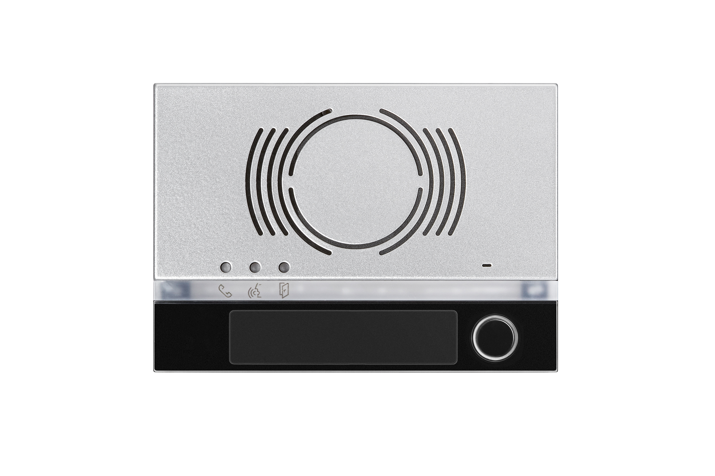 Audio-Türlautsprecher-Abdeckung in Silber mit runden Schlitzen, drei Status-LEDs, schwarzem Unterteil und Namensschild.