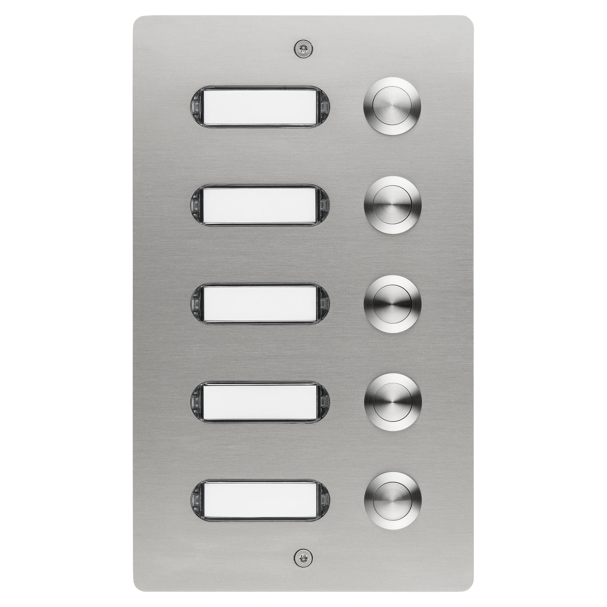 Edelstahlplatte mit fünf Namensschildern links und fünf runden Tastern rechts, symmetrisch angeordnet.