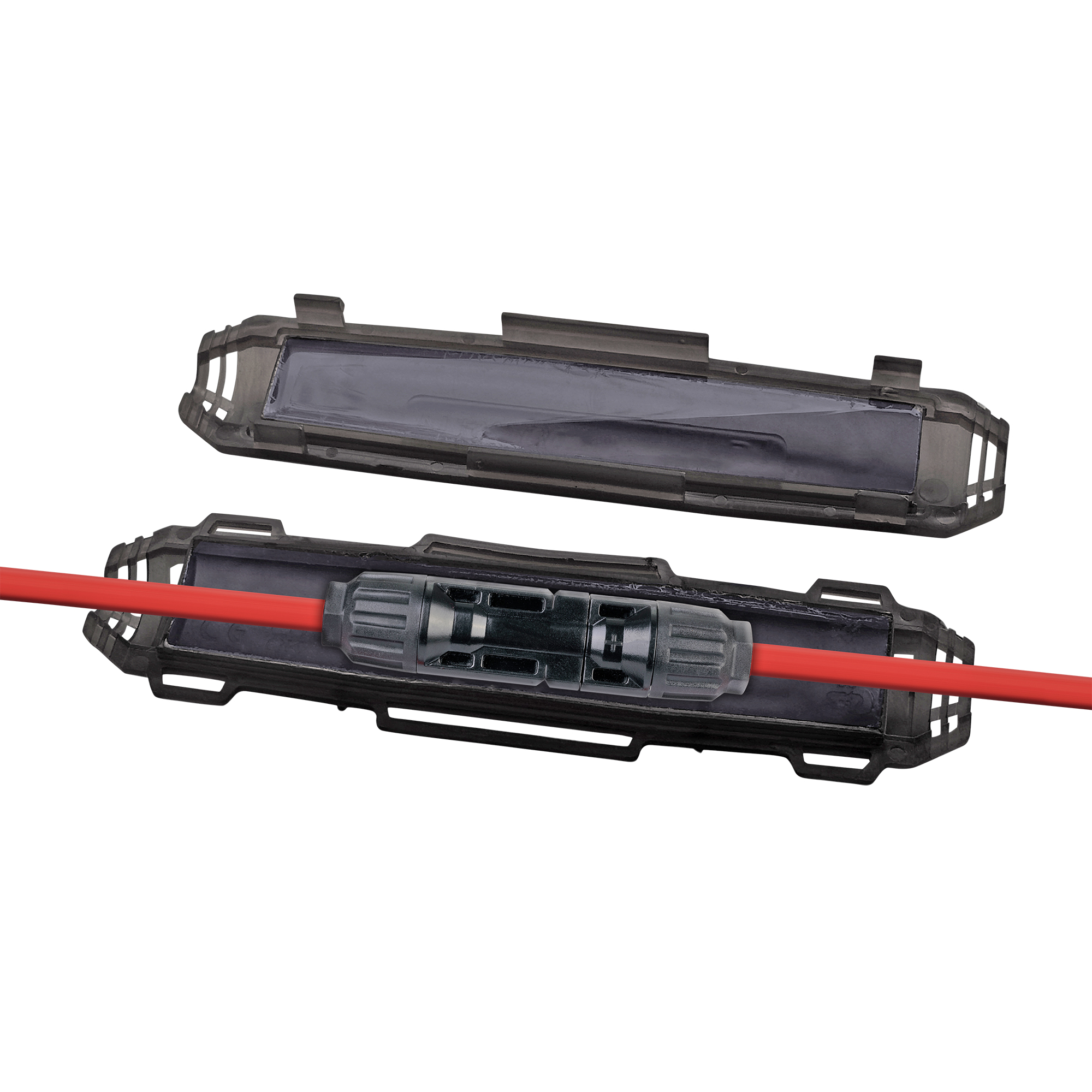 Schwarze, längliche Gelmuffe mit Unter- und Oberseite