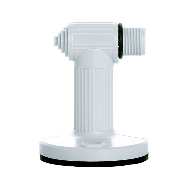 Weißes T-förmiges Montagewinkel mit geriffeltem Zylinder und zwei Gewindeanschlüssen auf rundem Fuß für kleine Leuchten.