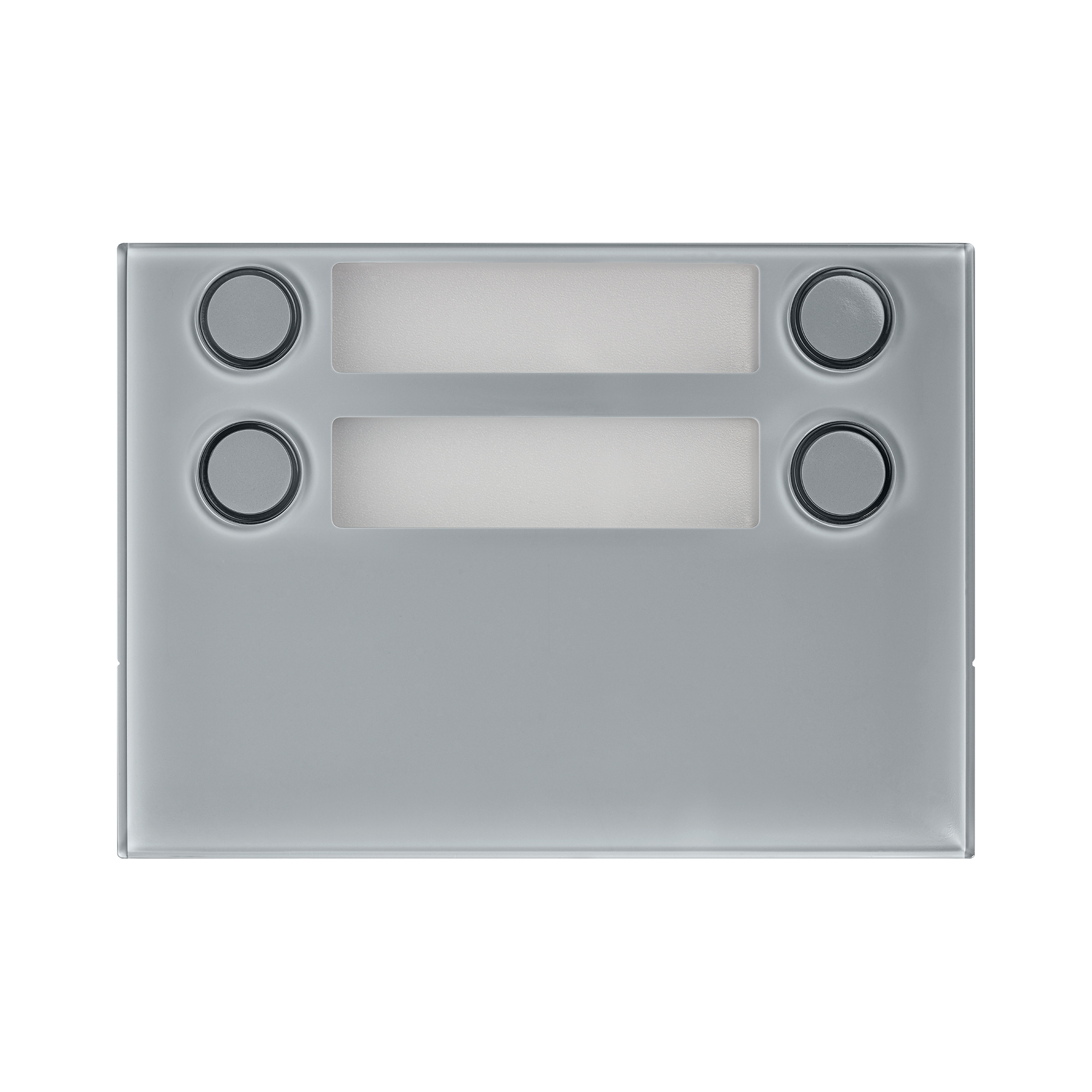 Modul mit zwei Namensschildern und vier runden Klingeltastern in grauem Gehäuse, für die Nutzung in Türstationen