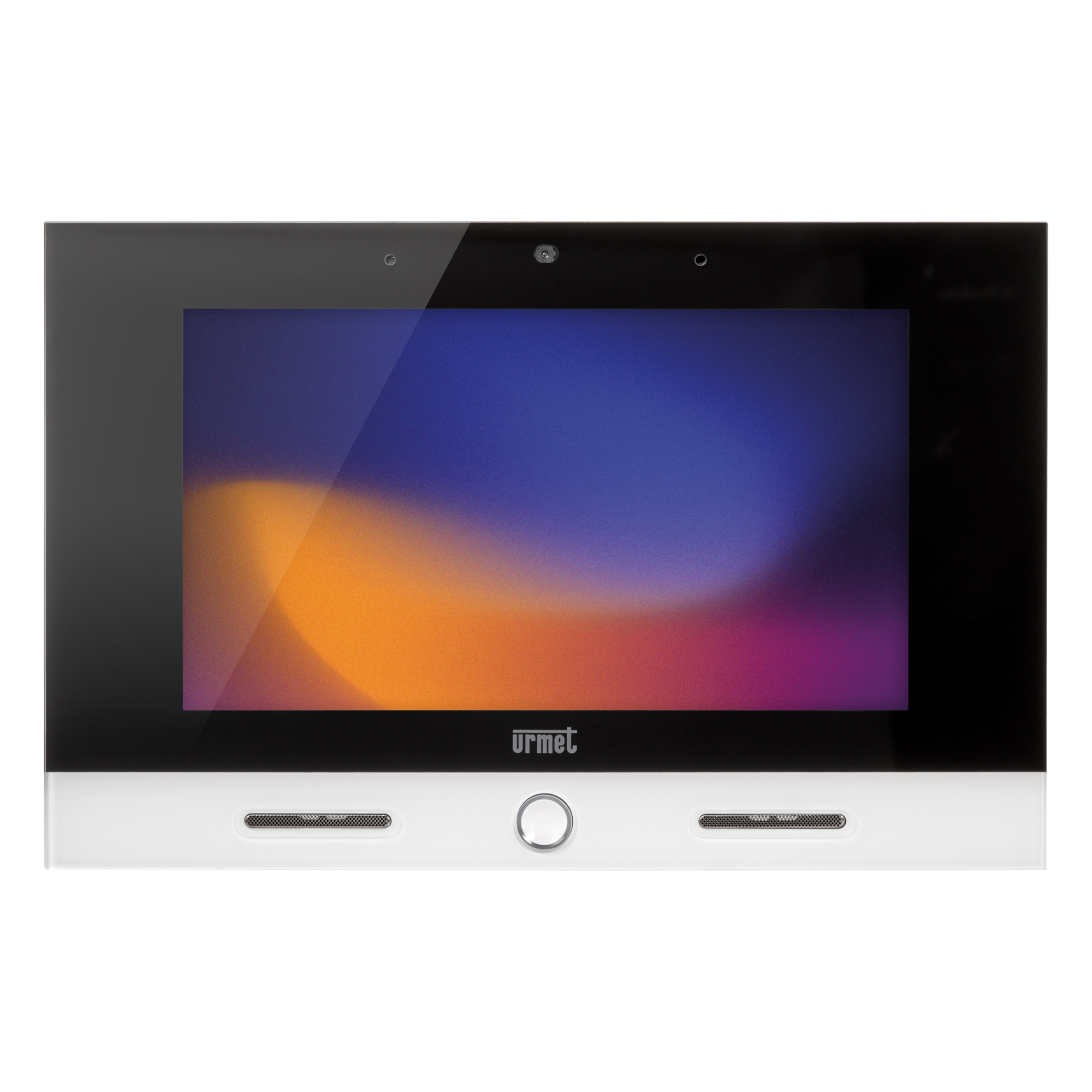 Flacher Videomonitor mit großem Display, schwarzer Front, weißem Rahmen, Rundtaste und zwei Lautsprechergittern unten.