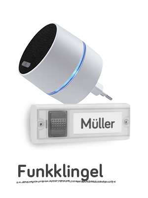 CALIMA 400 Funkgong, davor der MISTRAL SE03 Klingeltaster mit dem Namnesschild "Müller"; darunter steht "Funkklingel"