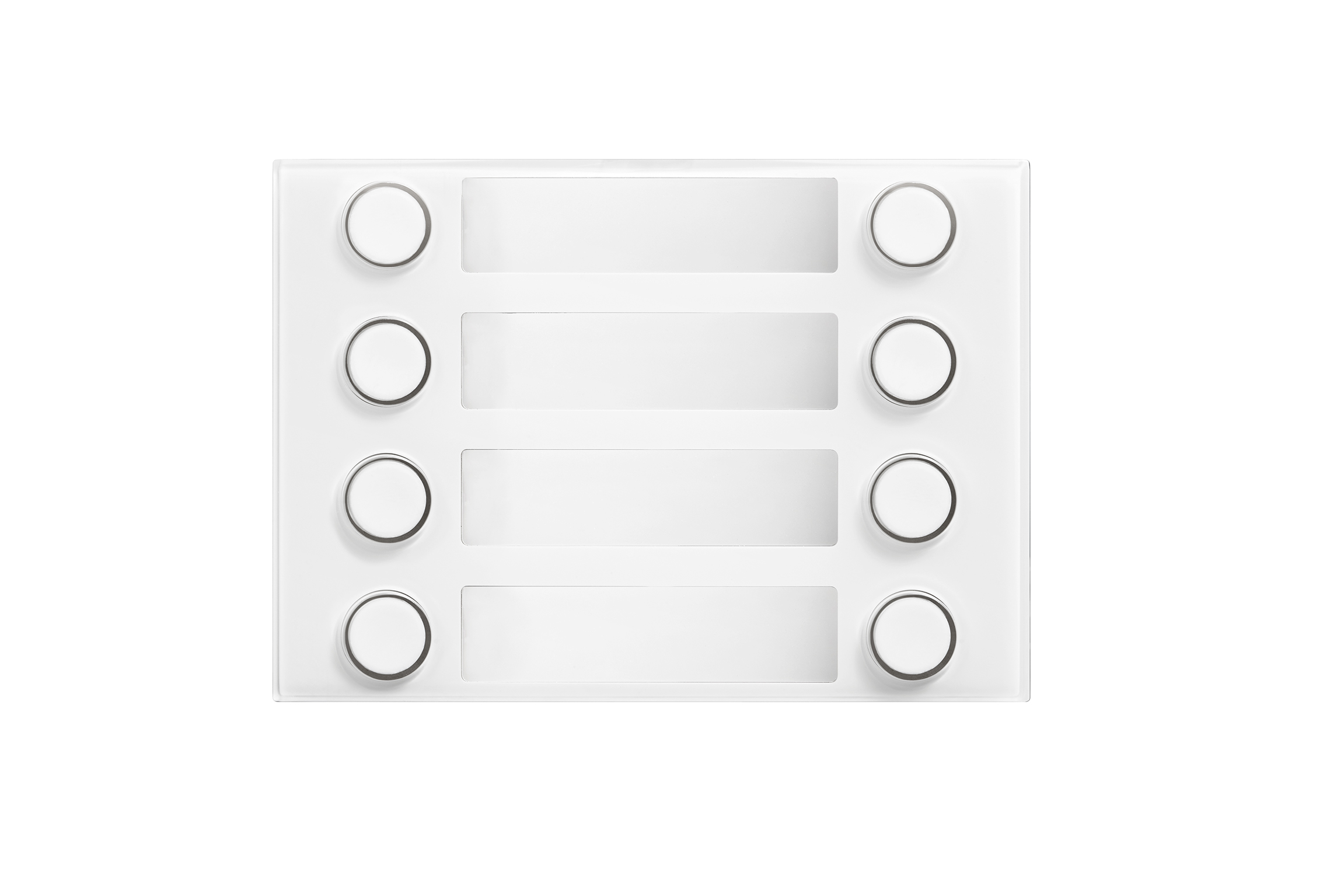 Weißes Namensschild-Modul mit zwei Namensfeldern und zwei runden Klingeltastern jeweils links und rechts.