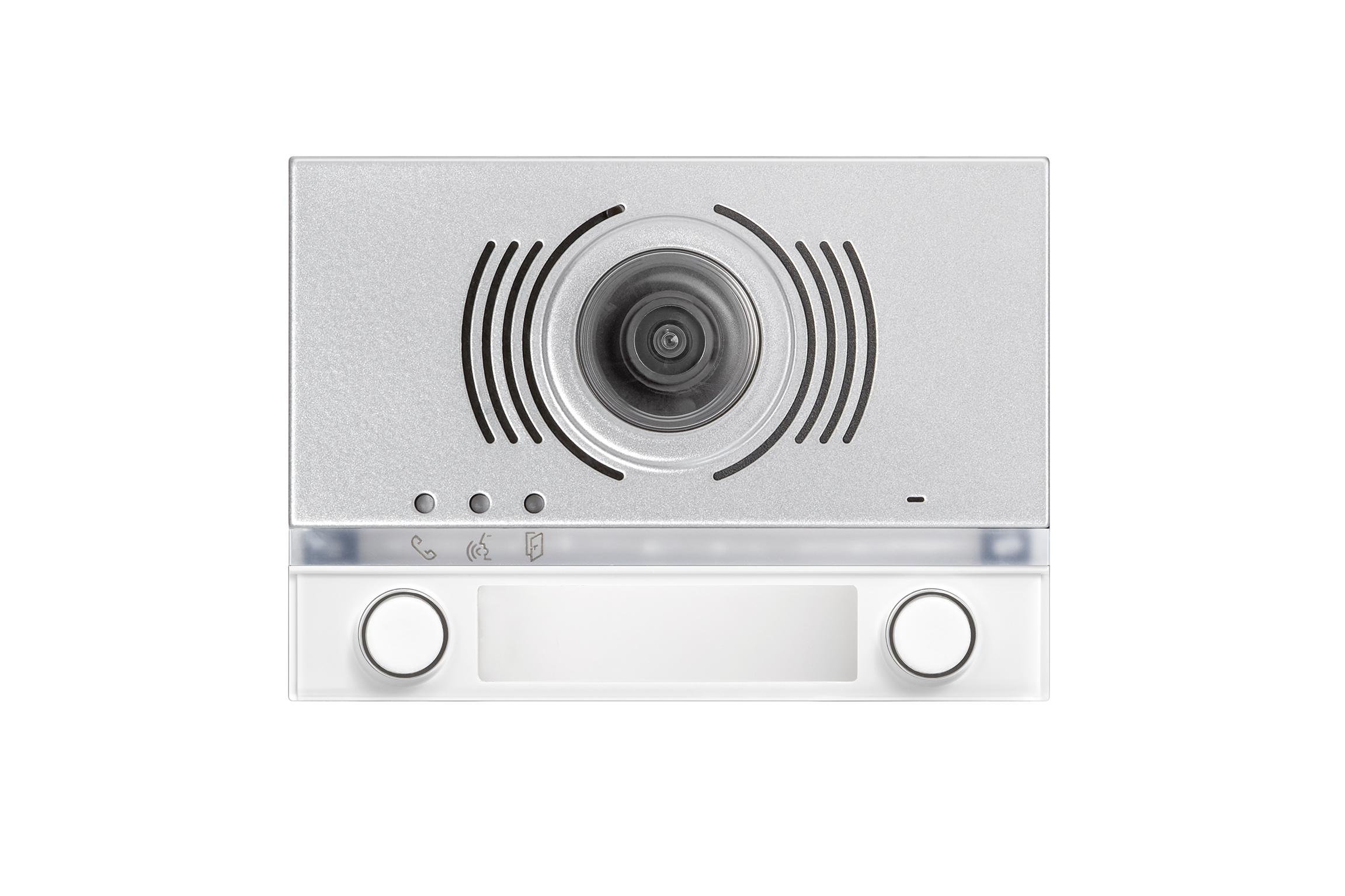 Video-Türlautsprecher-Modul in Silber mit Weitwinkelkamera, weißem Unterteil, Namensfeld und zwei Klingeltasten.