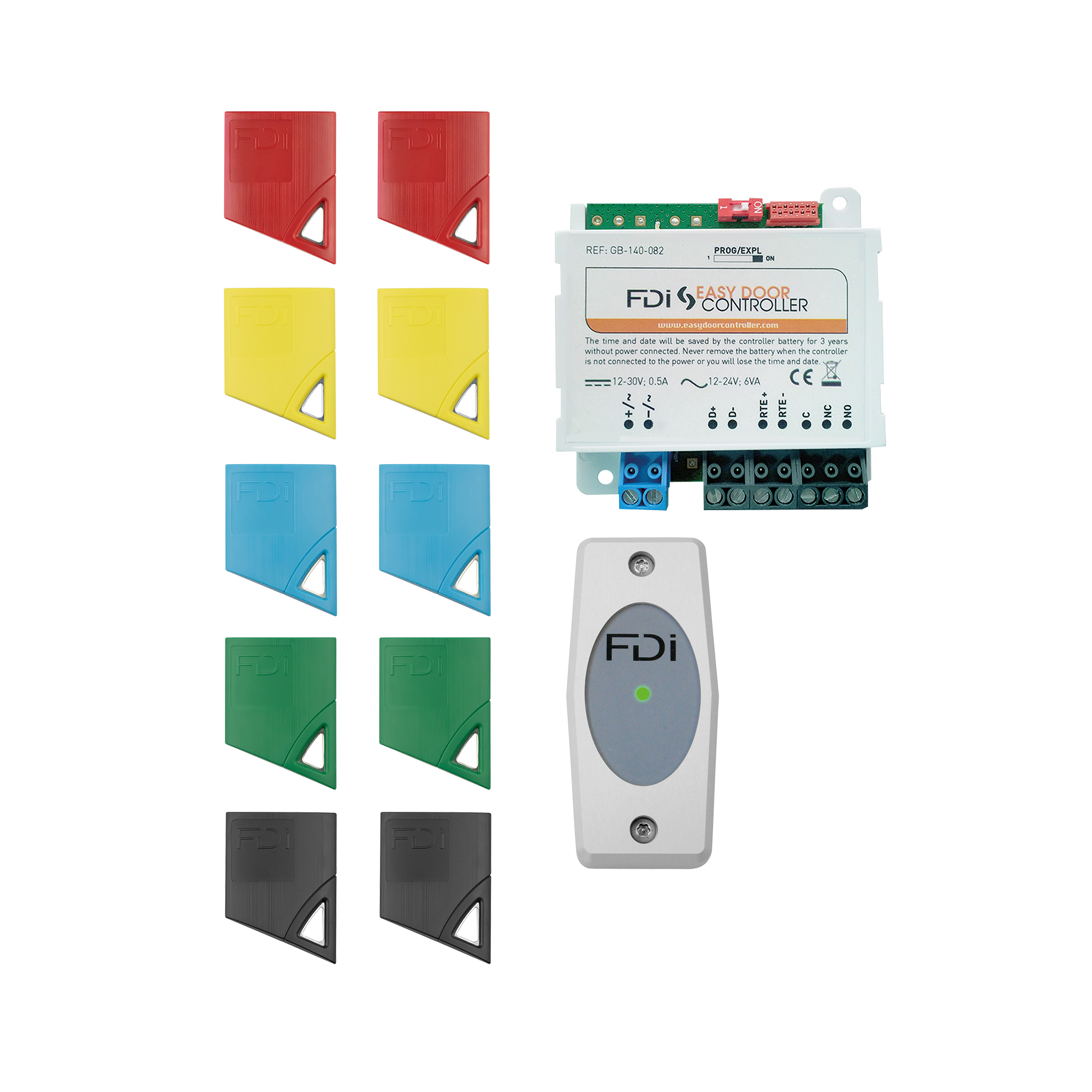 Set mit FDI Easy Door Controller, silbernem Lesegerät und 10 bunten Näherungsschlüsseln in 5 Farben.