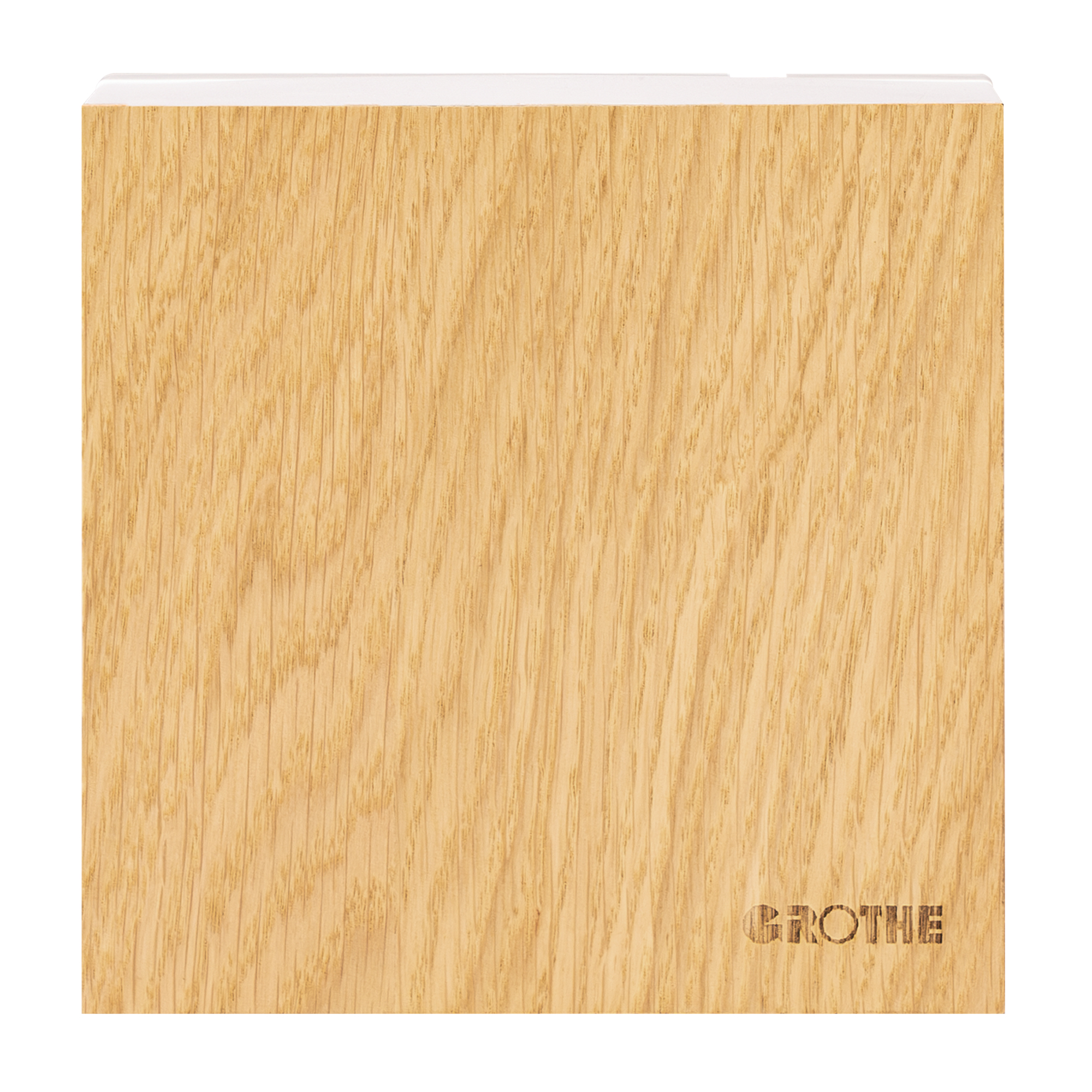 Zweiklang-Gong mit seitlichem Lüftungsschlitz, glatter Front mit Echtholzfurnier in Eichenholzoptik und Grothe-Logo.