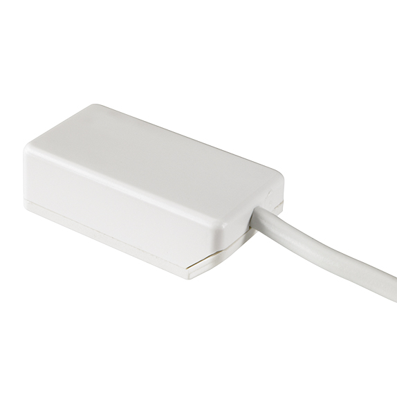 Weißer, kompakter Glasbruchmelder in rechteckigem Gehäuse mit abgerundeten Kanten