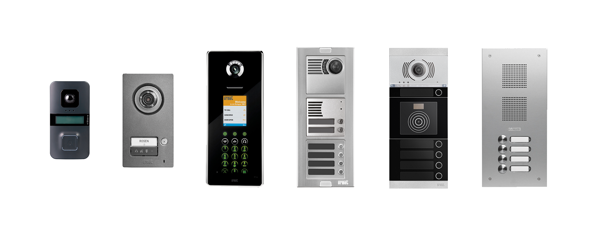 Die Türstationen vidoora, MIKRA, ELEKTA, ALPHA und ROBUSTA nebeneinander