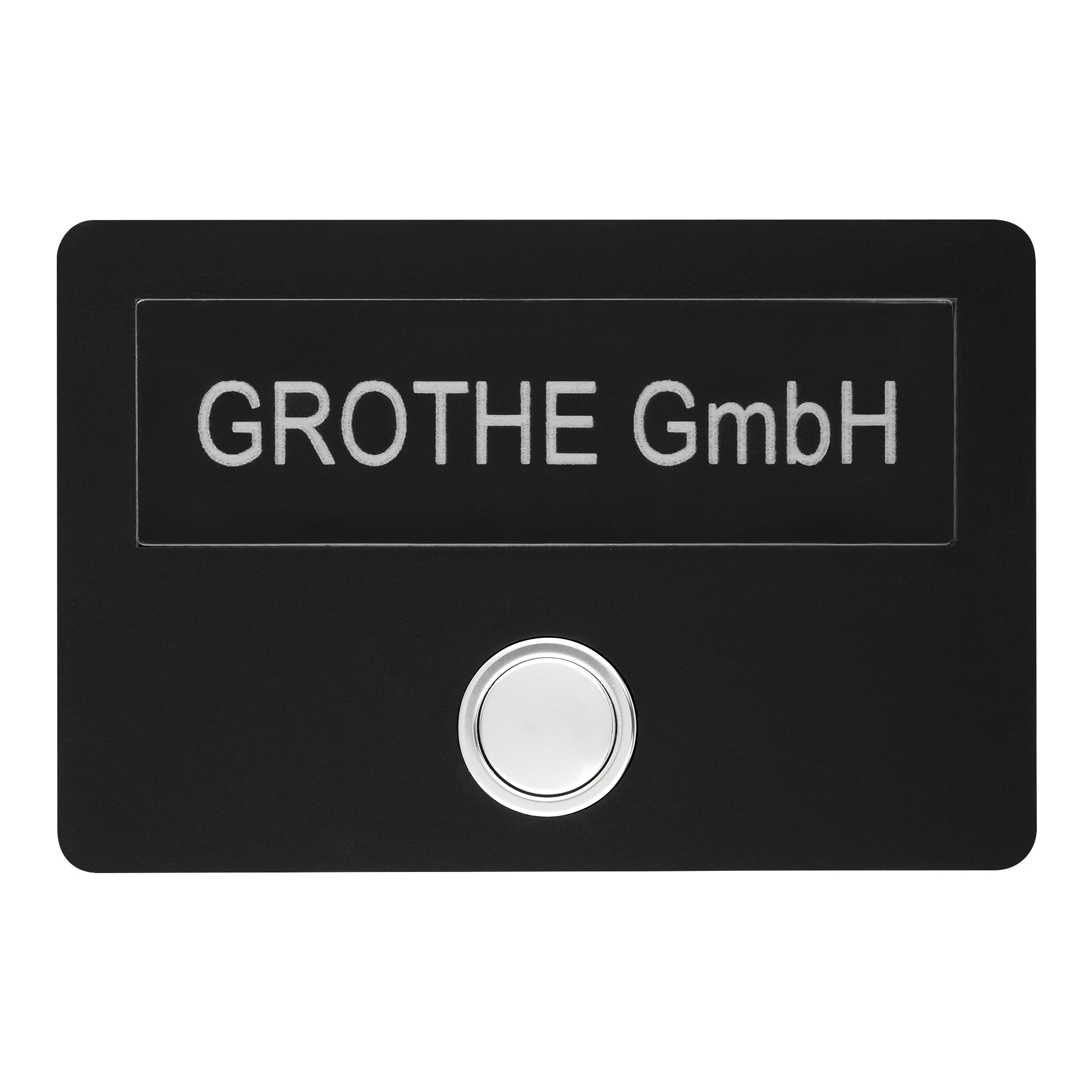Etagenplatte mit rundem Edelstahltaster und graviertem Namensschild „Grothe GmbH“, frontale Ansicht.