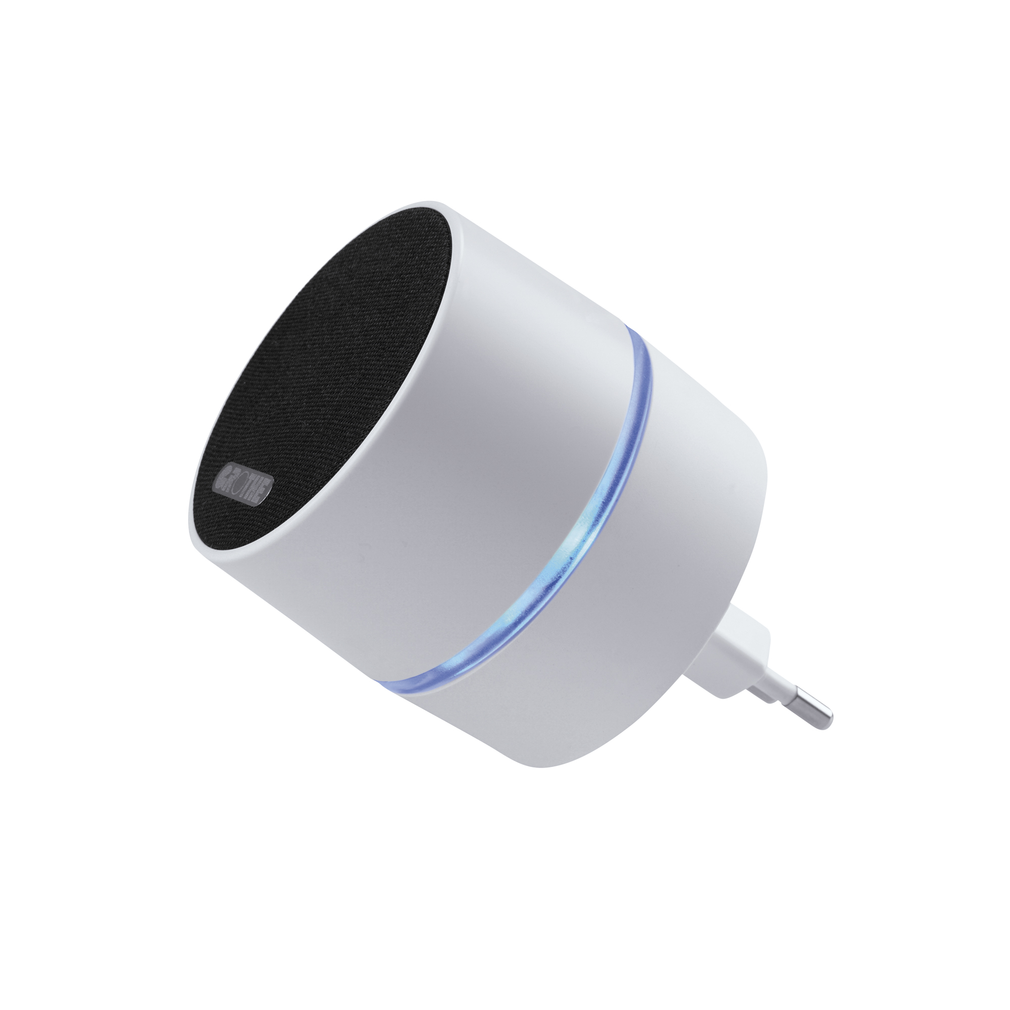 Kompakter Steckdosen-Funkgong in Zylinderform mit blauem LED-Lichtring, seitlich schräg dargestellt.