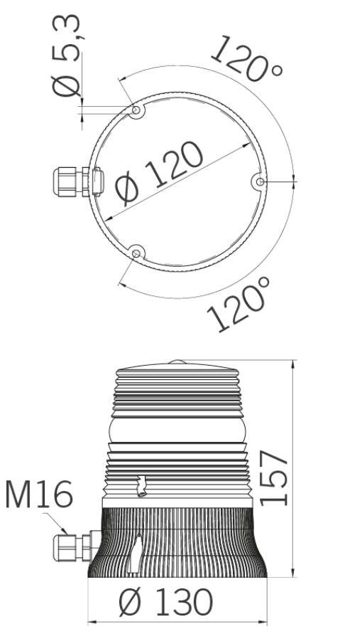 Blitzleuchte mit orangefarbener gerippter Kuppel auf schwarzem Sockel mit M16 verschraubung