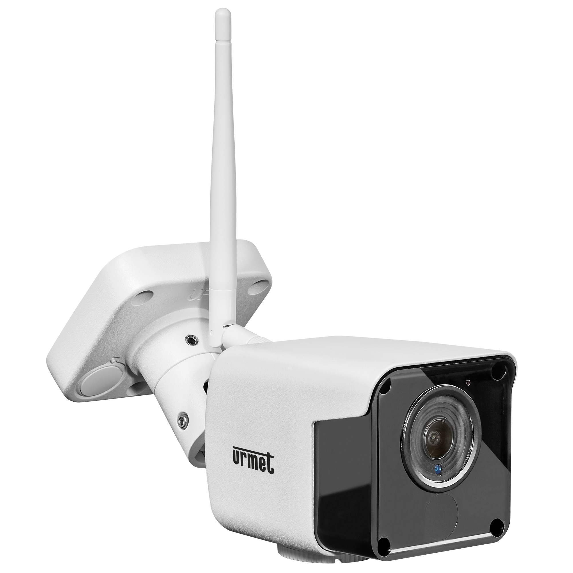 WLAN-Außenkamera in Quaderform mit Antenne und schwarzer Front, schräg von hinten links aufgenommen.