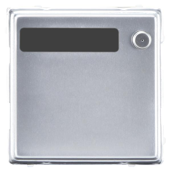 Quadratische silberne Türlautsprecher-Abdeckung mit schwarzem Namensschildfeld oben und rundem Klingeltaster rechts.