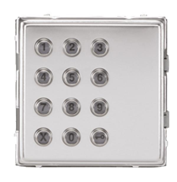 Quadratisches silbernes Keypad-Modul mit 12 runden Tasten in 4x3-Anordnung, Zahlen 0–9 sowie Symbolen X und Schlüssel.