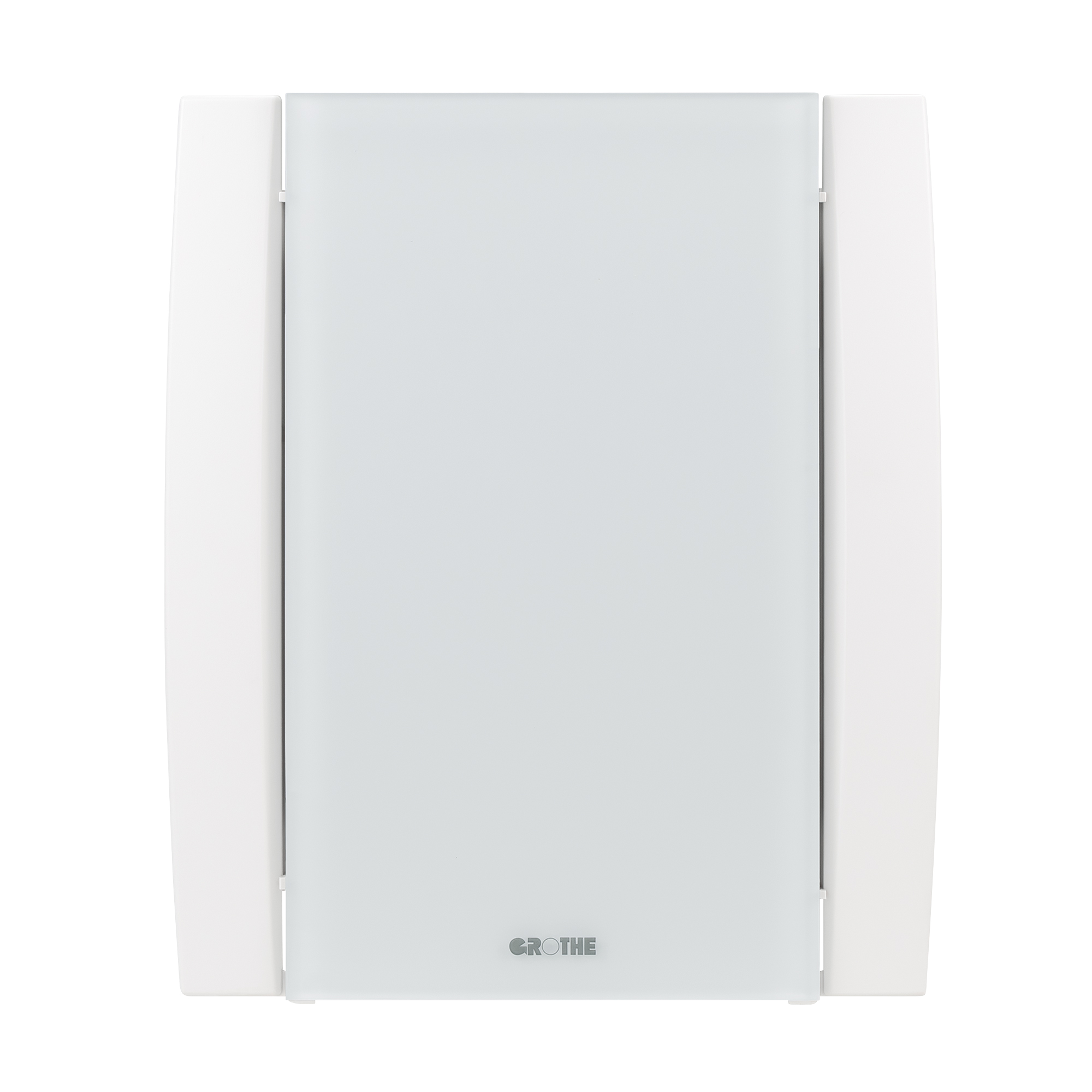 Elektronik-Gong mit satinierter Acrylfront und weißen Seiten, leicht schräge Frontalansicht.