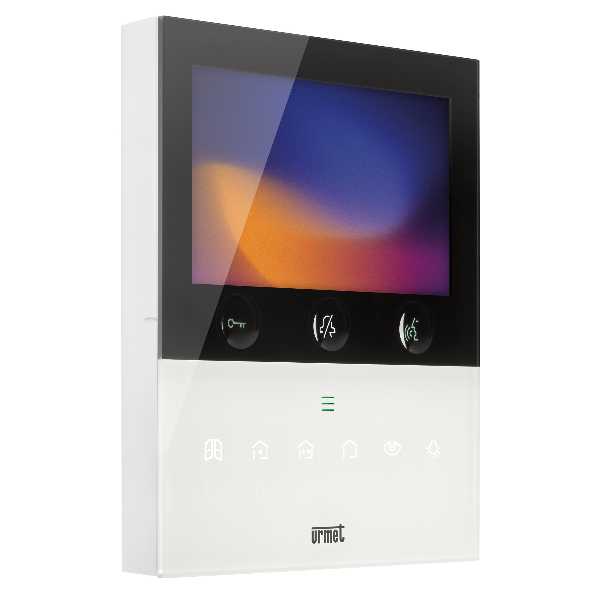 Videomonitor schräg von links, mit Farbdisplay, drei runden Symboltasten, weiß-schwarzem Gehäuse und urmet-Logo.