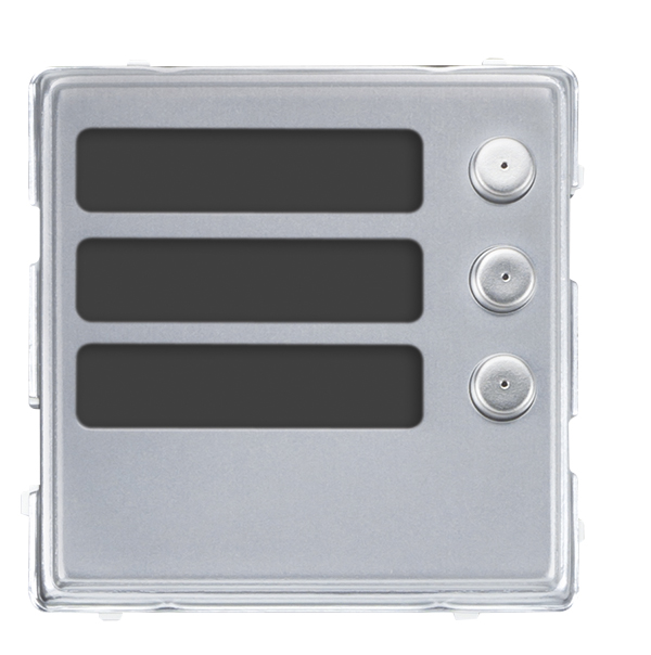 Quadratische silberne Türlautsprecher-Abdeckung, drei schwarze Namensschildfelder oben und drei runde Klingeltaster rechts.