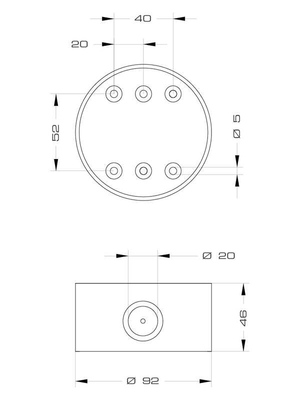 Schwarzes Basis-Modul in zylindrischer Form mit seitlicher Durchführung zur Aufnahme von Aufsatzkomponenten