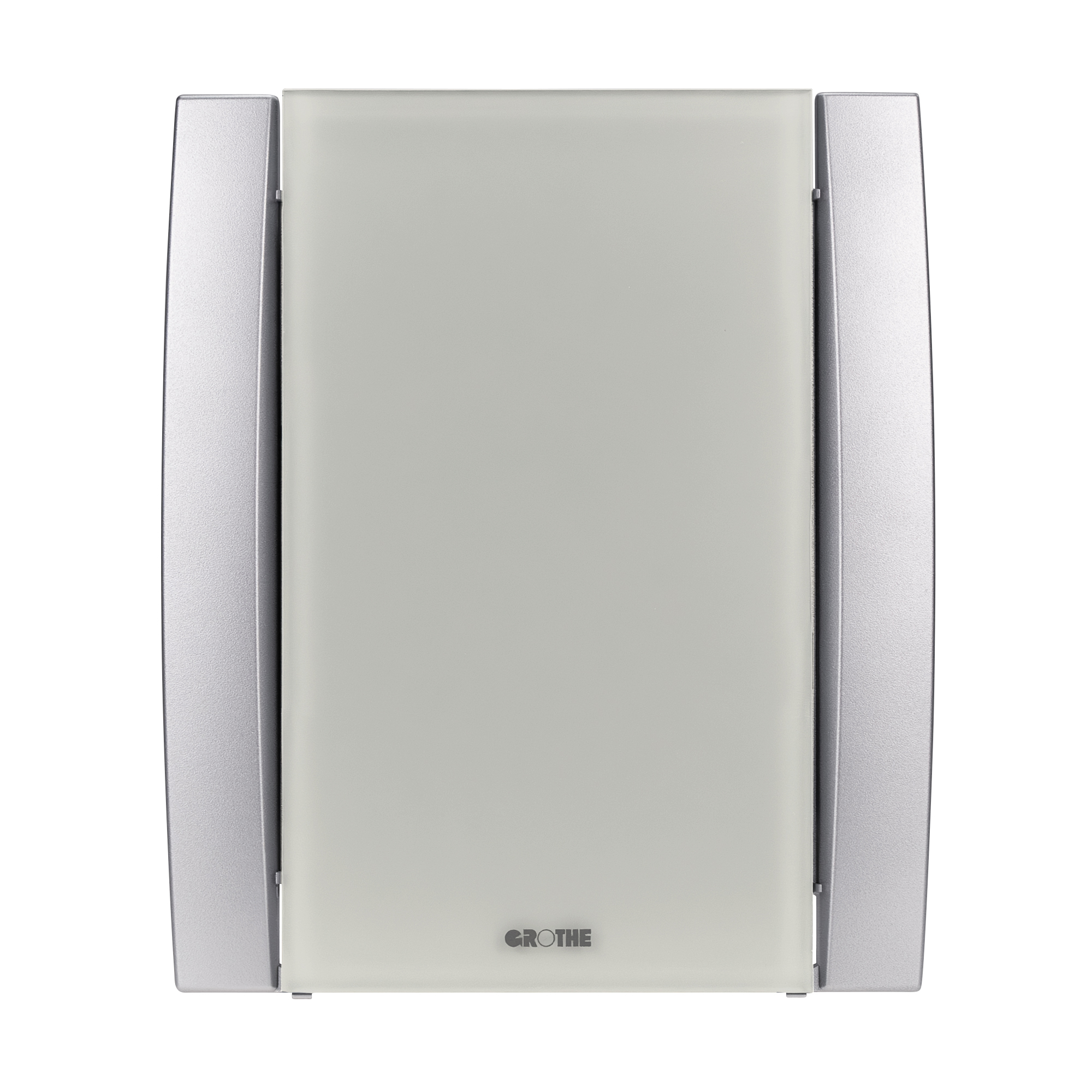 Elektronik-Gong mit satinierter grauer Acrylfront und silberfarbenen Seiten, leicht schräge Frontalansicht.