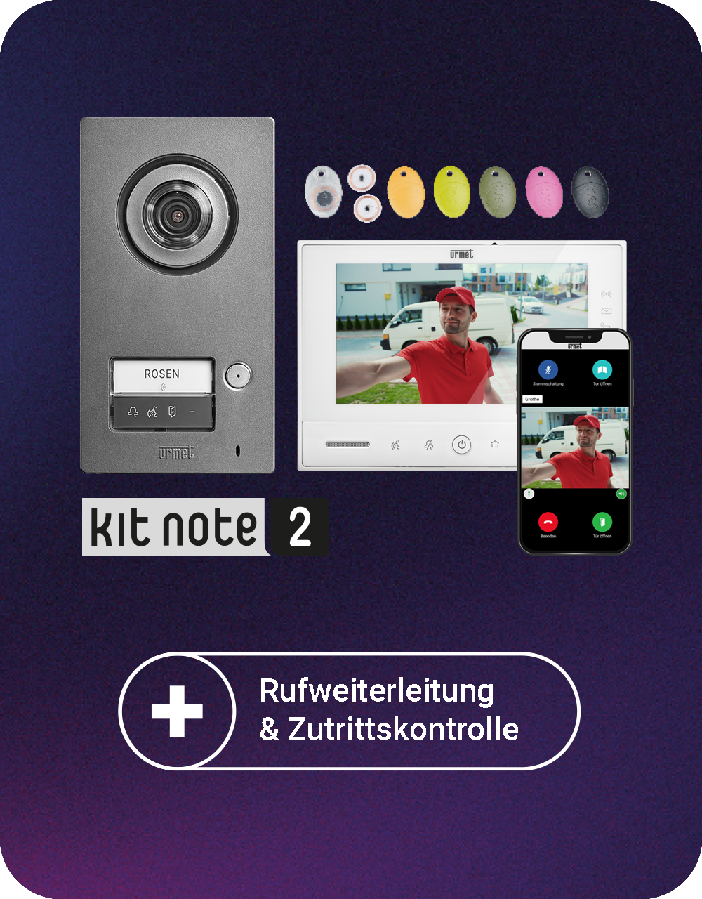 Video-Türsprechset Kit Note2 mit MIKRA Türstation, Videomonitor VMODO, Näherungsschlüsseln und Smartphone-Display, welches, genau wie der Videomonitor das Videobild  mit einem Essenslieferanten vor der Tür zeigt; darunter steht "Rufweiterleitung + Zutritt