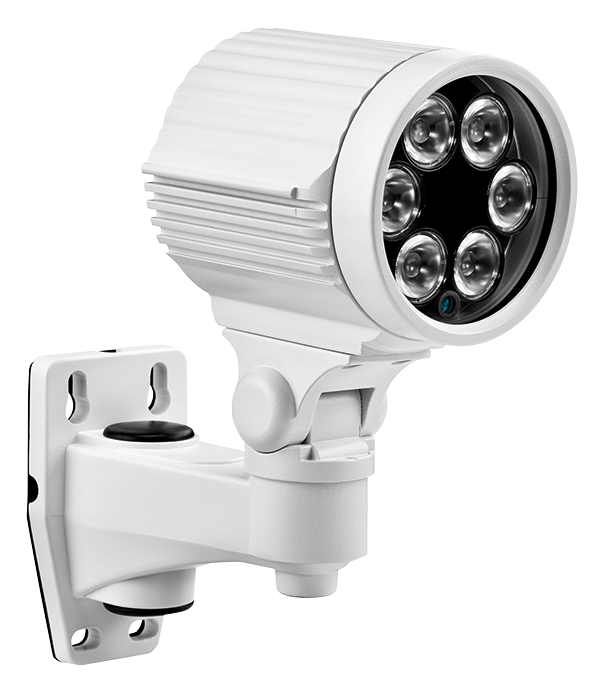 Weißer Infrarotstrahler zur Wandmontage mit sechs LED-Linsen in runder Anordnung, dient zur Ausleuchtung von Überwachungsbereichen bei Dunkelheit.